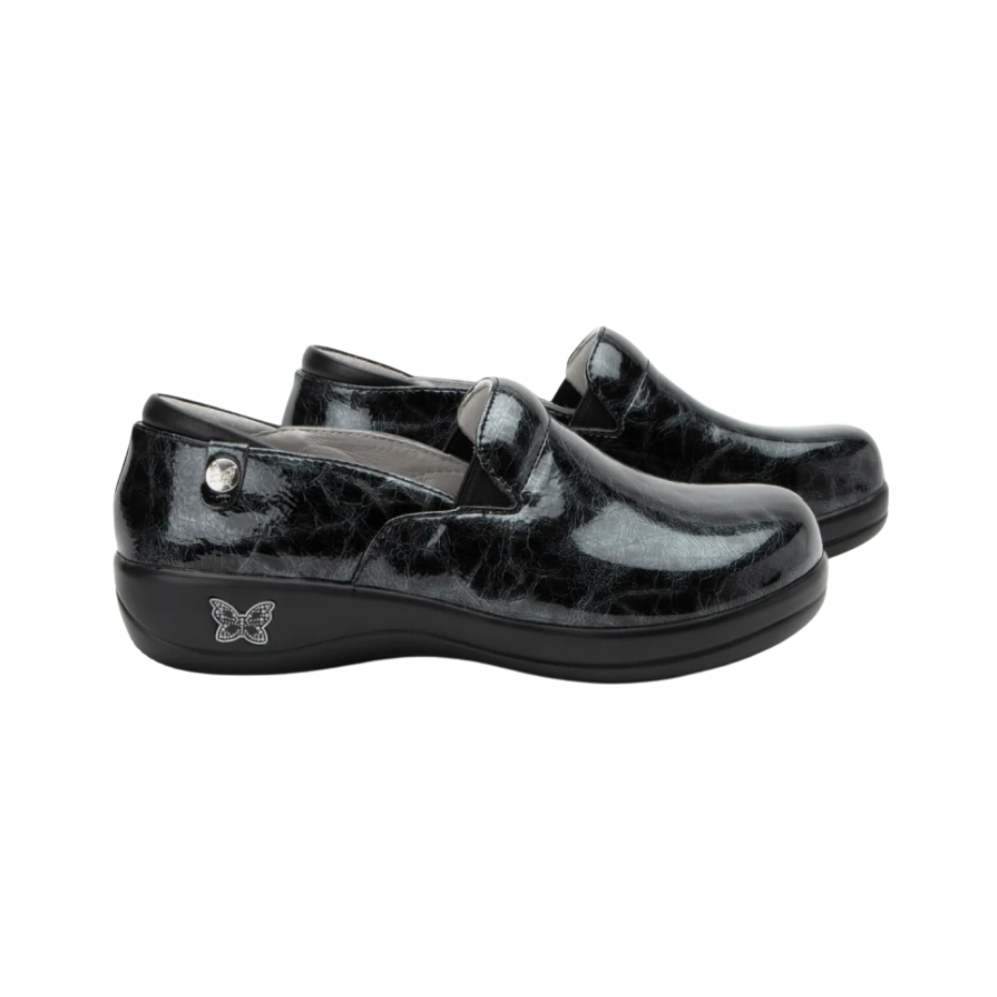Side View of Women’s Alegria Keli Mantle slip-on shoe in multicolor metallic leather – featuring twin elastic side gores for a flexible fit, slip-resistant outsole for enhanced grip, and lightweight rocker bottom for natural walking motion.
