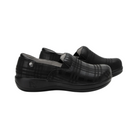 Side View of Women’s Alegria Keli Plaid To Meet You slip-on shoe in multicolor plaid pattern – featuring double elastic side gores for flexible fit, slip-resistant outsole for enhanced traction, and lightweight rocker bottom for natural stride.