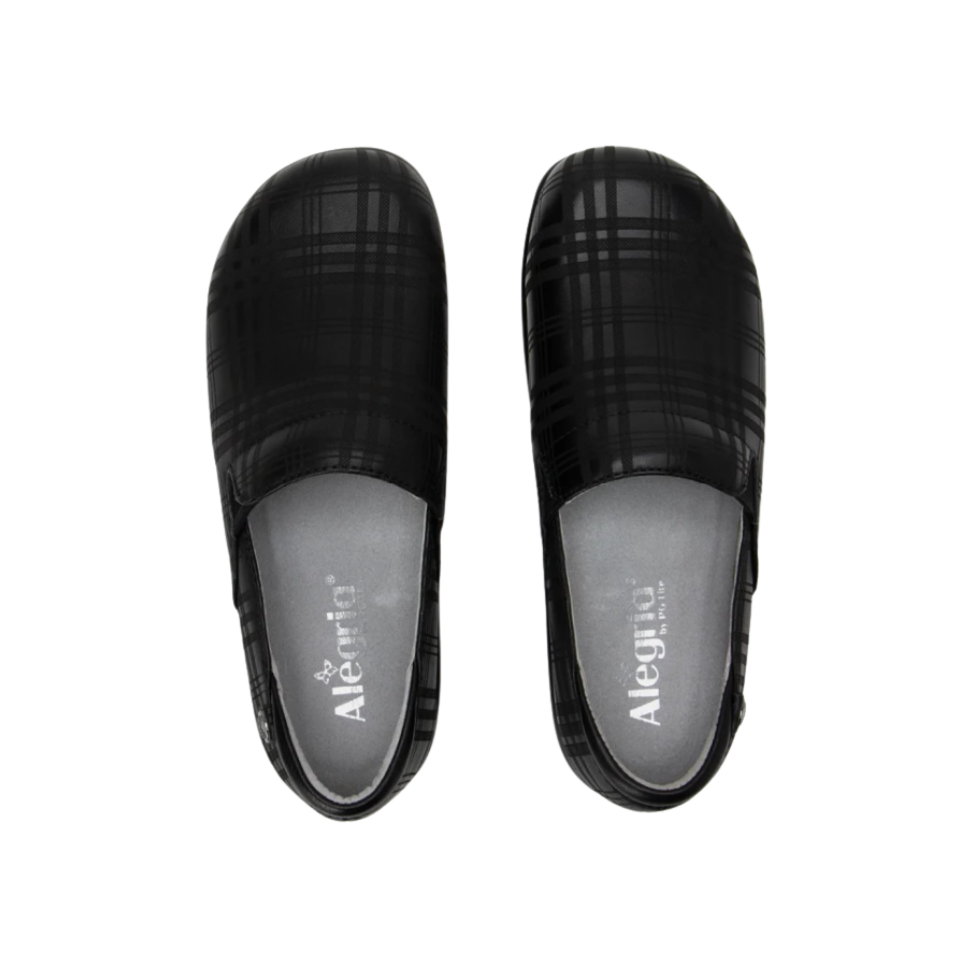 Top View of Women’s Alegria Keli Plaid To Meet You slip-on shoe in multicolor plaid pattern – featuring a stain-resistant leather upper, cushioned removable footbed, and roomy rounded toe box.