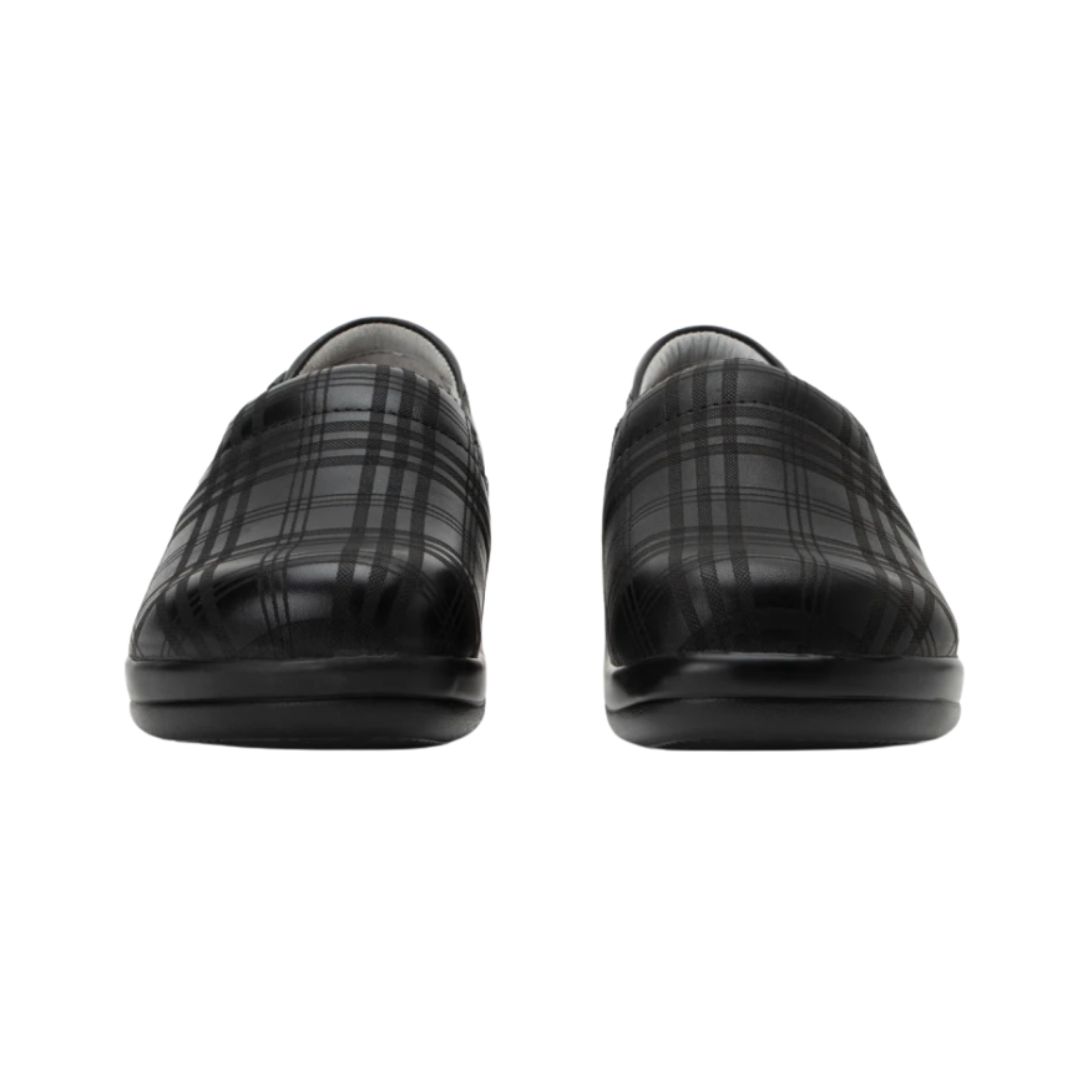 Front  View of Women’s Alegria Keli Plaid To Meet You slip-on shoe in multicolor plaid pattern – featuring vibrant plaid leather detailing, dual elastic gores for easy movement, and a cushioned insole for maximum support.