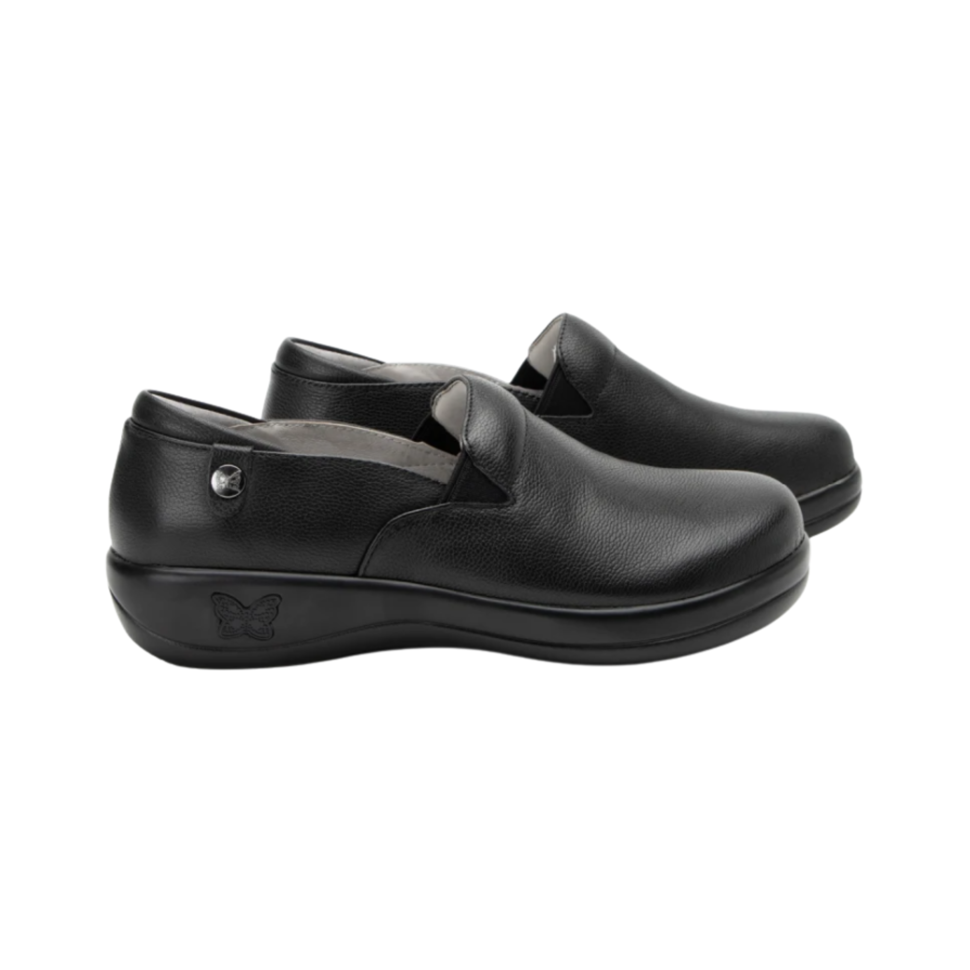 Side View of Women’s Alegria Keli Upgrade Black 2 slip-on shoe in black leather – featuring double elastic gores for easy fit, slip-resistant outsole for stability, and a lightweight rocker bottom for natural movement.