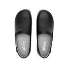 Top View of Women’s Alegria Keli Upgrade Black slip-on shoe in black leather – featuring stain-resistant leather upper, padded collar for heel support, and removable memory foam footbed.