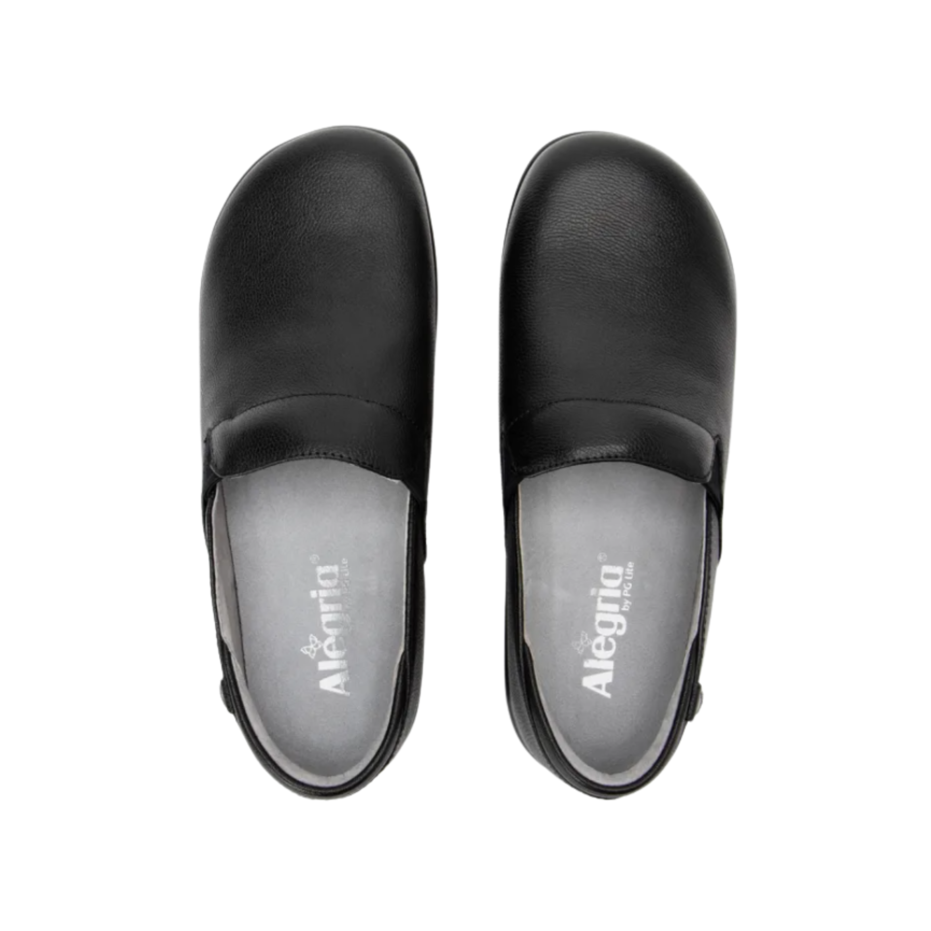 Top View of Women’s Alegria Keli Upgrade Black slip-on shoe in black leather – featuring stain-resistant leather upper, padded collar for heel support, and removable memory foam footbed.