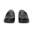 Front  View of Women’s Alegria Keli Upgrade Black 2 slip-on shoe in black leather – featuring stain-resistant smooth leather, double elastic side panels for flexibility, and a structured supportive insole.