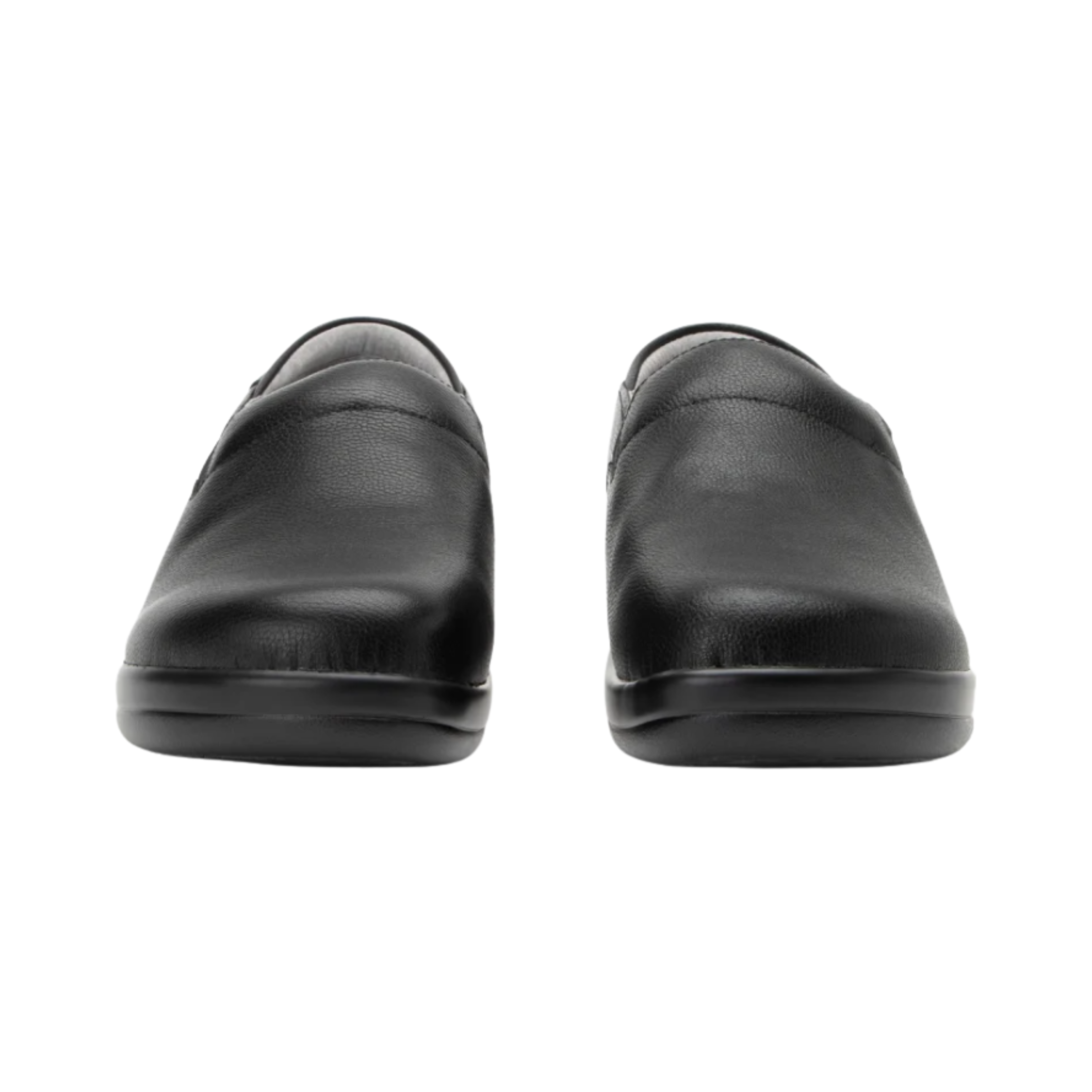 Front  View of Women’s Alegria Keli Upgrade Black 2 slip-on shoe in black leather – featuring stain-resistant smooth leather, double elastic side panels for flexibility, and a structured supportive insole.