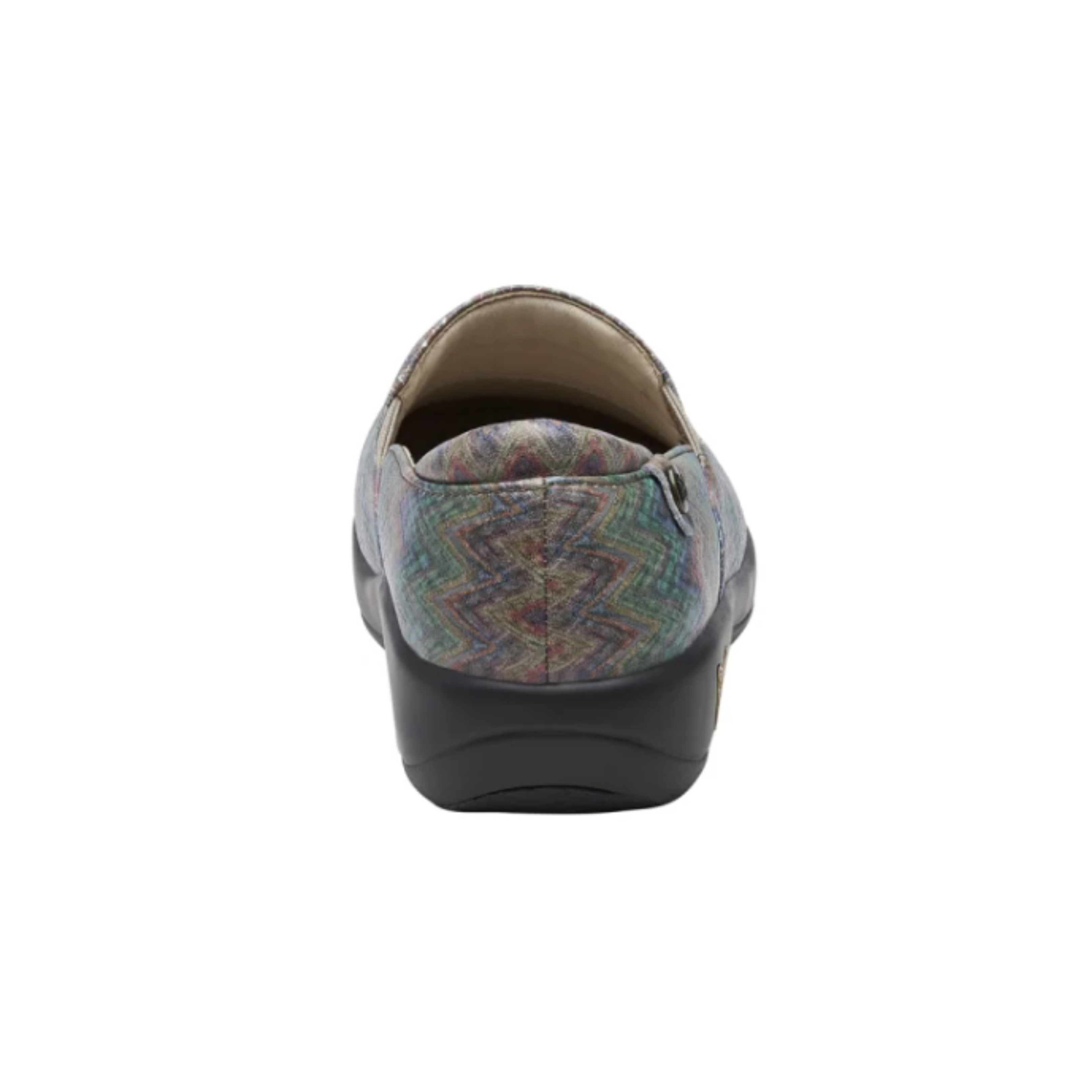 Back View of Women’s Alegria Keli Woven Wonder slip-on shoe in multicolor woven pattern – featuring a padded heel collar for added comfort, reinforced stitching for durability, and easy slip-on styling.