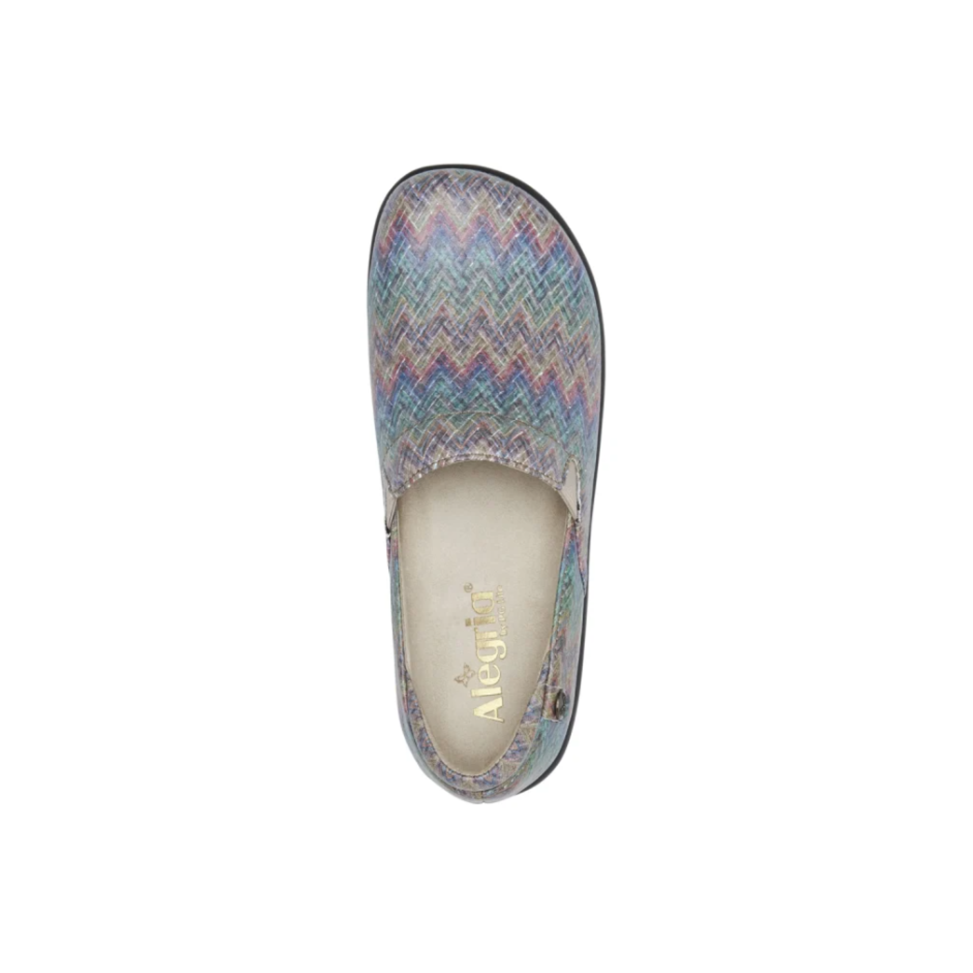 Top View of Women’s Alegria Keli Woven Wonder slip-on shoe in multicolor woven pattern – featuring a stain-resistant woven textile upper, cushioned memory foam footbed, and roomy rounded toe box.