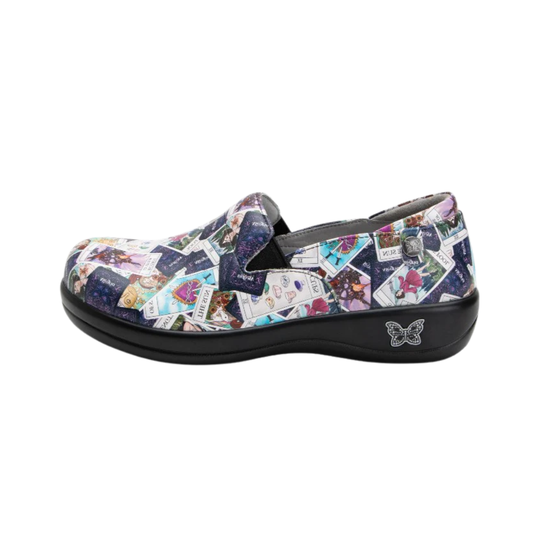 Side View of Women’s Alegria Keli shoe in Tarot print – featuring a cushioned removable footbed, slip-on design, and slip-resistant outsole for professional comfort.