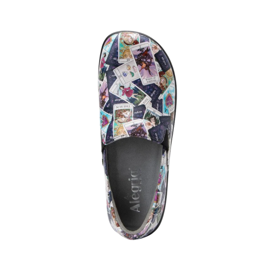 Top View of Women’s Alegria Keli shoe in Tarot print – featuring a cushioned removable footbed, smooth leather upper, and slip-on design for easy wear.