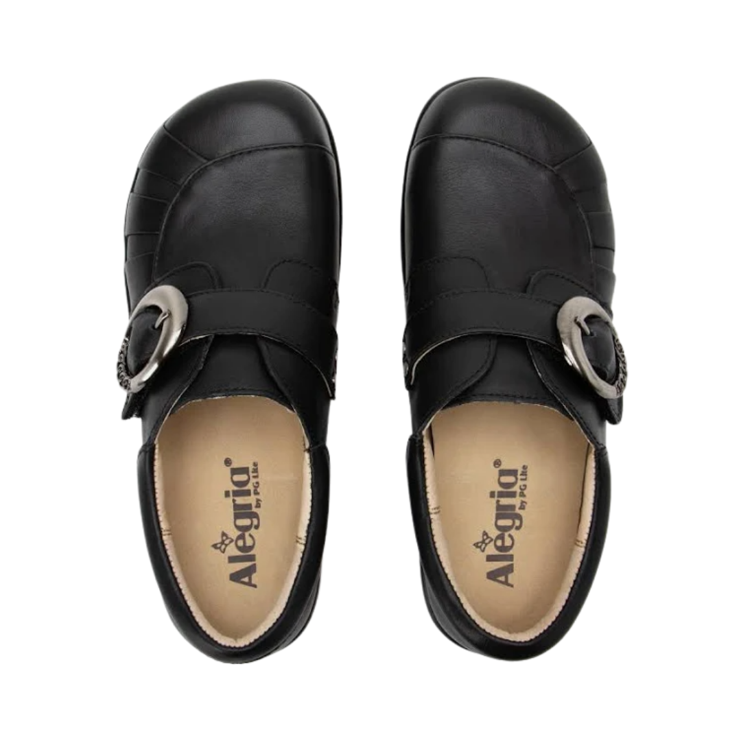 Top View of Women’s Alegria Khloe shoe in black nappa – featuring a cushioned removable footbed, smooth leather upper, and adjustable hook-and-loop strap for a secure fit.