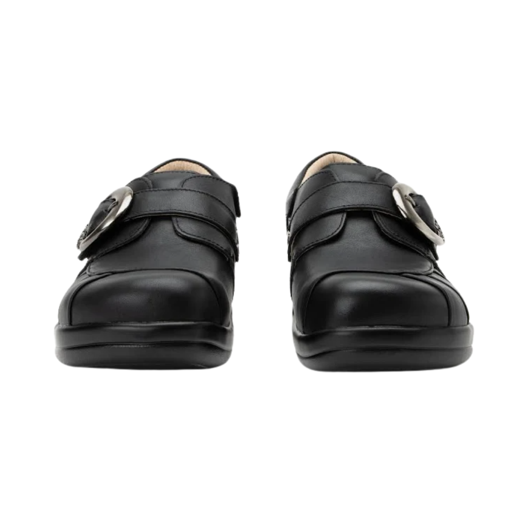Front View of Women’s Alegria Khloe shoe in black nappa – featuring a rounded toe design, smooth leather upper, and cushioned removable footbed for a secure and comfortable fit.