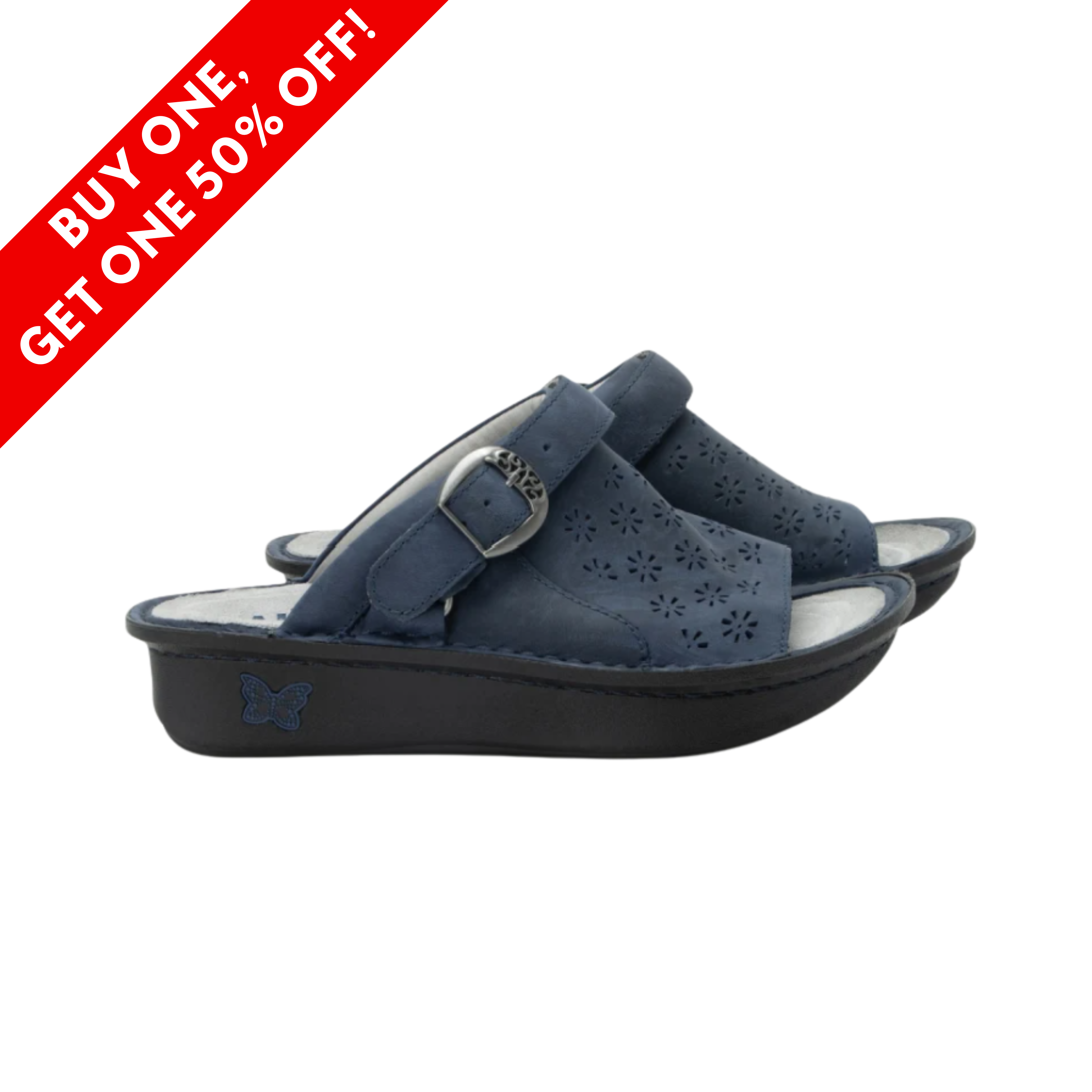 Side View of Women’s Alegria Klover clog in Oiled Navy – featuring a rocker outsole that encourages proper posture and reduces pressure on joints, premium oiled leather that molds to your foot over time, and a sleek, structured silhouette for versatile styling.