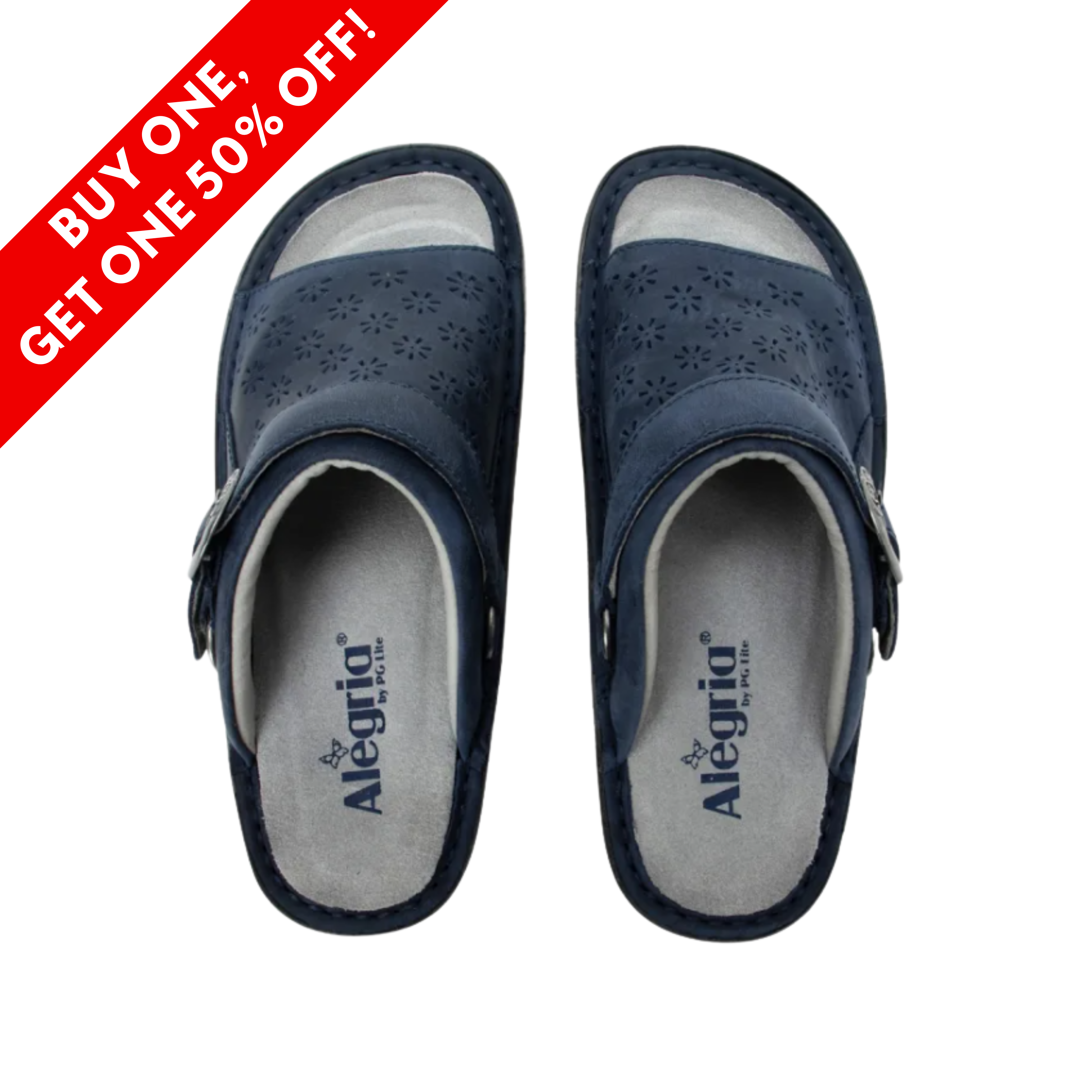 Top View of Women’s Alegria Klover clog in Oiled Navy – featuring a wide, roomy toe box that allows for natural toe spread, a cushioned insole that supports all-day wear, and an easy slip-on design for quick comfort and convenience.
