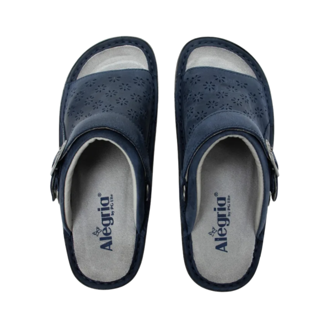 Top View of Women’s Alegria Klover clog in Oiled Navy – featuring a wide, roomy toe box that allows for natural toe spread, a cushioned insole that supports all-day wear, and an easy slip-on design for quick comfort and convenience.