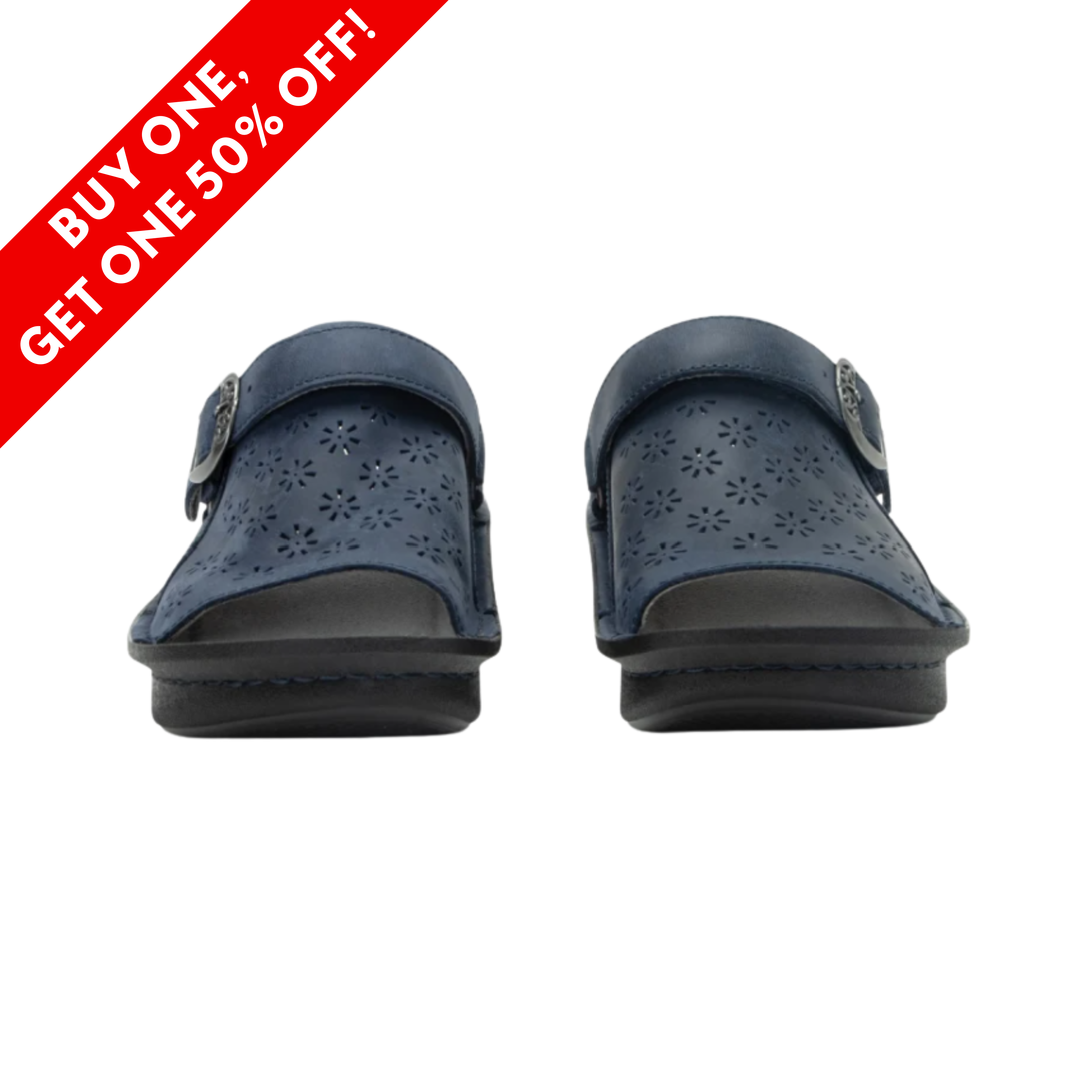 Front View of Women’s Alegria Klover clog in Oiled Navy – featuring a rocker outsole that encourages proper posture and reduces pressure on joints, premium oiled leather that molds to your foot over time, and a sleek, structured silhouette for versatile styling.