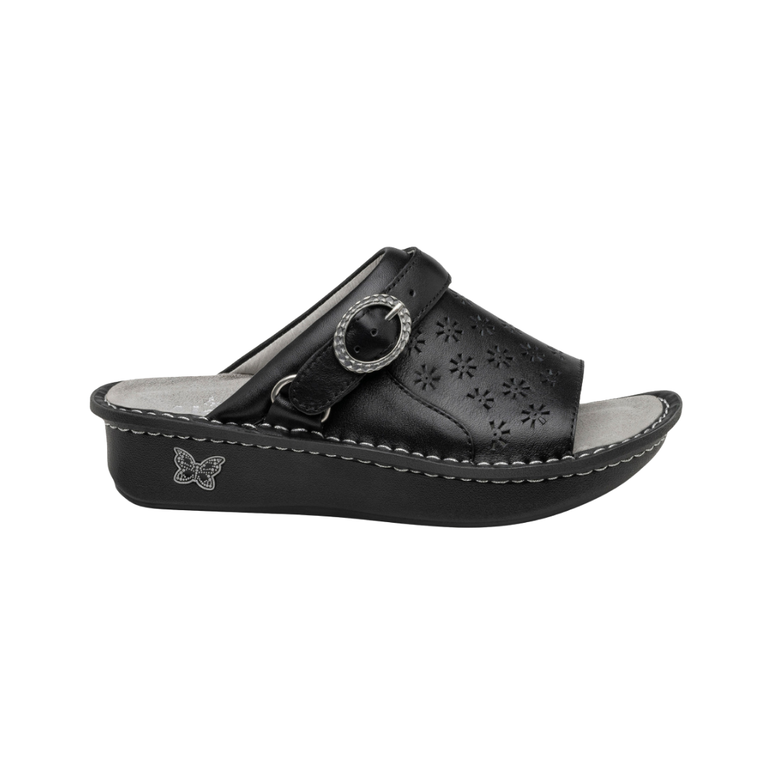Side View of Women’s Alegria Klover shoe in black butter – featuring a cushioned cork and memory foam footbed, adjustable hook-and-loop strap, and slip-resistant outsole for all-day comfort.