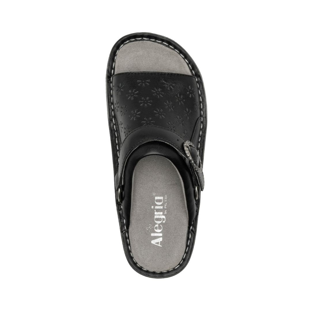 Top View of Women’s Alegria Klover shoe in black butter – featuring a cushioned cork and memory foam footbed, smooth leather upper, and adjustable hook-and-loop strap for a secure fit.