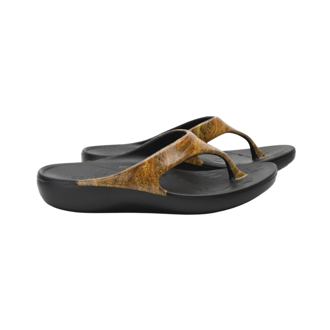 Side View of Women’s Alegria Ode sandal in Black Charmed – featuring a mild rocker outsole to reduce pressure on the heel and forefoot, lightweight construction to minimize fatigue, and supportive arch design to encourage better posture and alignment.
