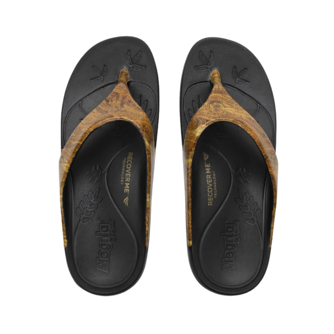 Top View of Women’s Alegria Ode sandal in Black Charmed – featuring an open-toe design for breathable comfort, a cushioned footbed that supports extended wear, and adjustable straps for a secure and personalized fit.
