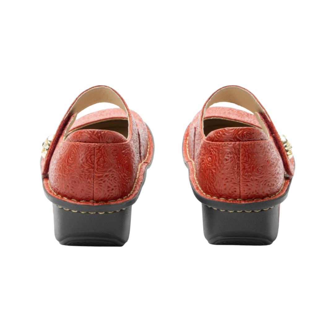 Back View of Women’s Alegria Paloma Mary Jane shoe in coralita multi – featuring a cushioned cork and memory foam footbed, supportive heel counter, and slip-resistant outsole for lasting wear.