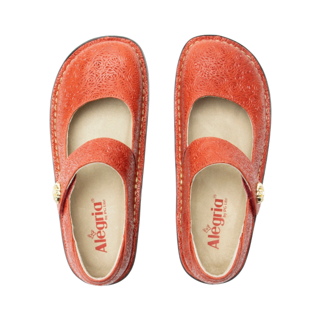 Top View of Women’s Alegria Paloma Mary Jane shoe in coralita multi – featuring a cushioned cork and memory foam footbed, smooth leather upper, and adjustable hook-and-loop strap for a secure fit.