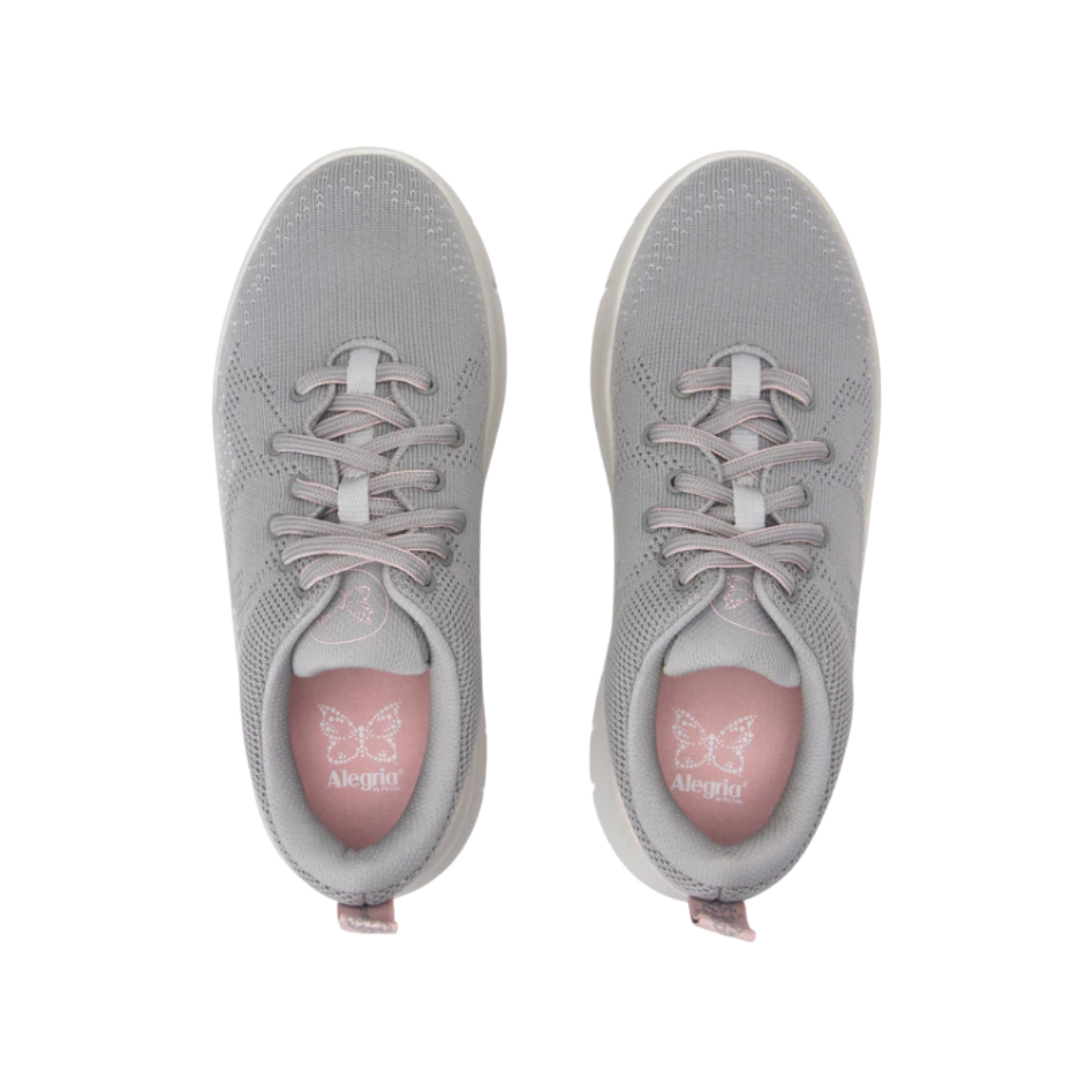 Top View of Women’s Alegria Roll On sneaker in Sunset Snow – featuring a breathable knit upper, padded collar, and easy slip-on design.