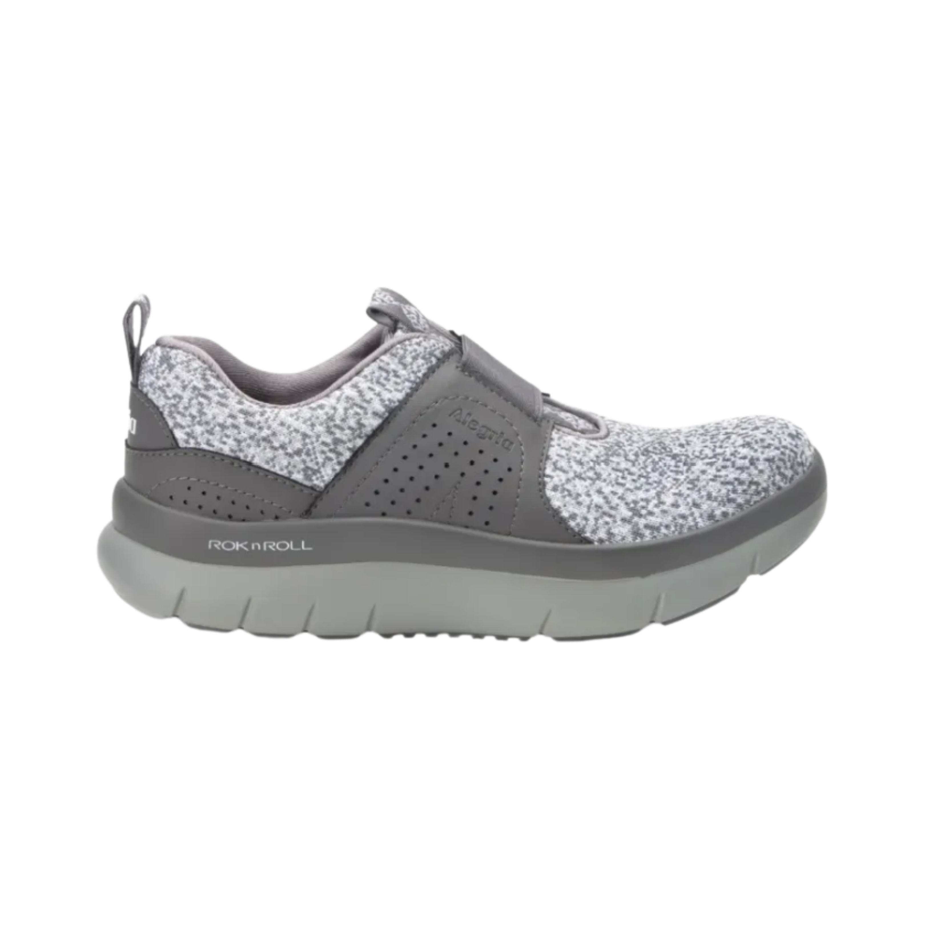 Side View of Women’s Alegria Rotation sneaker in Grey – featuring a rocker outsole that supports smoother strides and helps relieve pressure on joints, built-in arch support for all-day alignment, and a shock-absorbing midsole that reduces impact with each step.