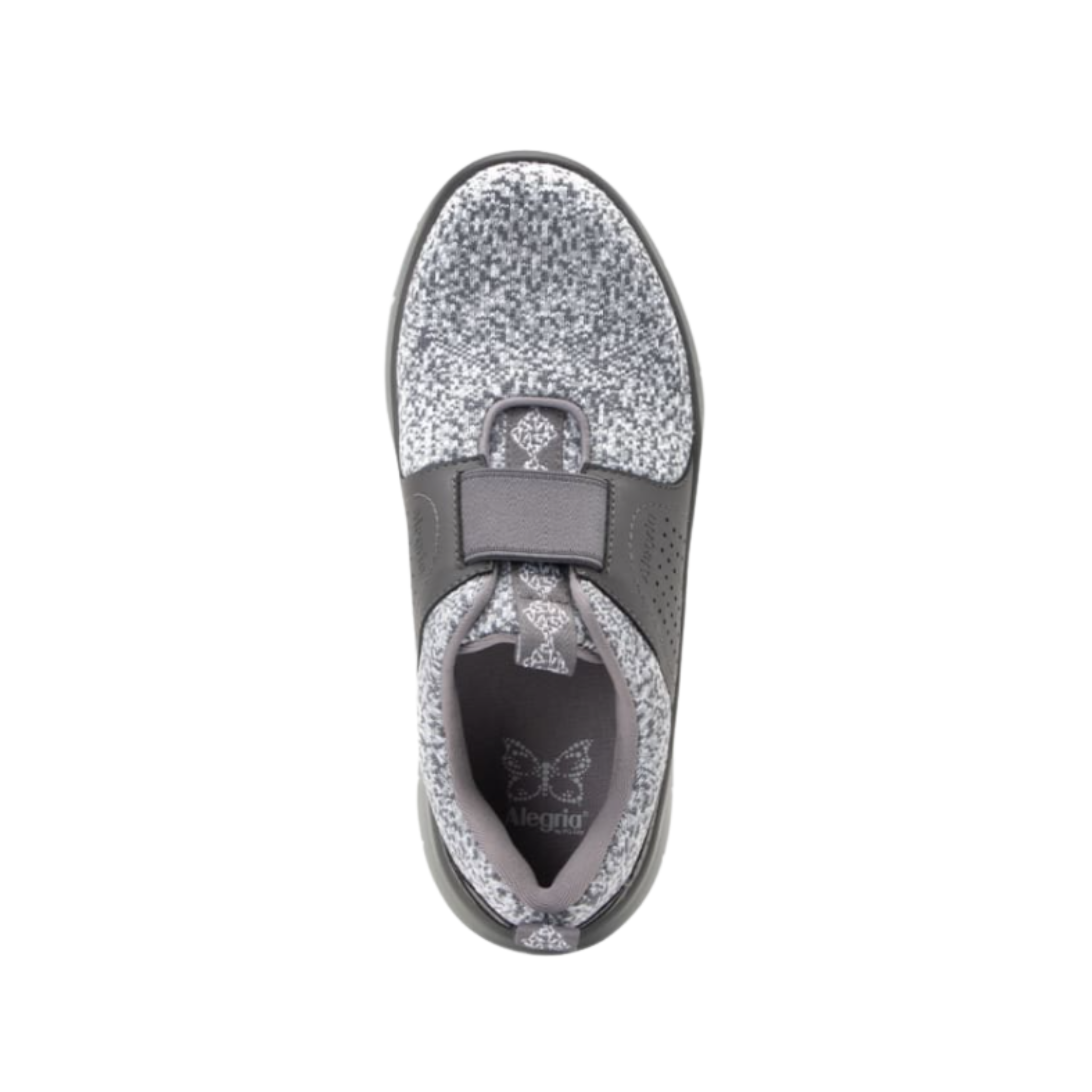 Top View of Women’s Alegria Rotation sneaker in Grey – featuring a roomy toe box to reduce pressure on toes, a breathable upper to keep feet dry and cool, and a cushioned insole that enhances overall comfort for long days on your feet.