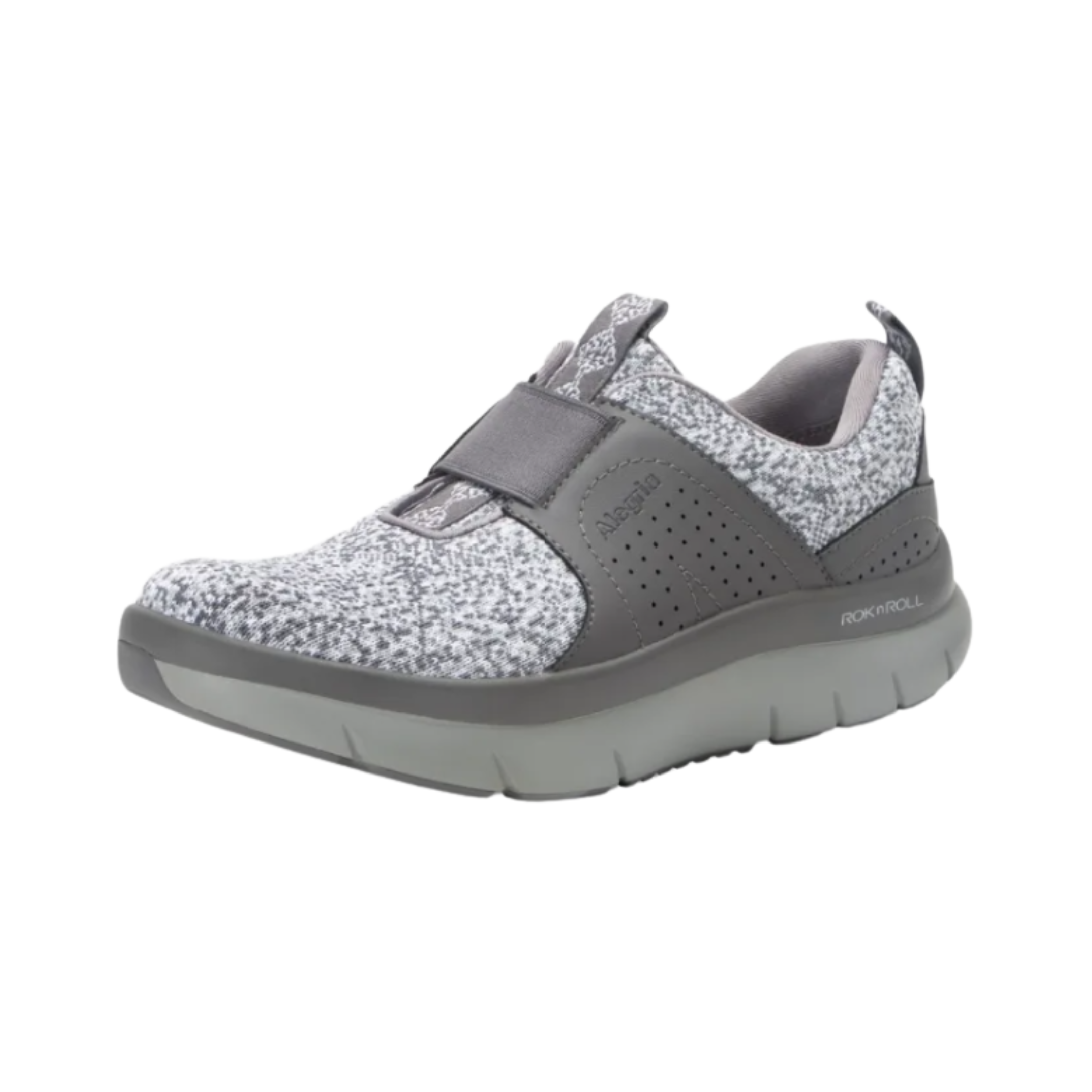 Side View of Women’s Alegria Rotation sneaker in Grey – featuring a rocker outsole that supports smoother strides and helps relieve pressure on joints, built-in arch support for all-day alignment, and a shock-absorbing midsole that reduces impact with each step.