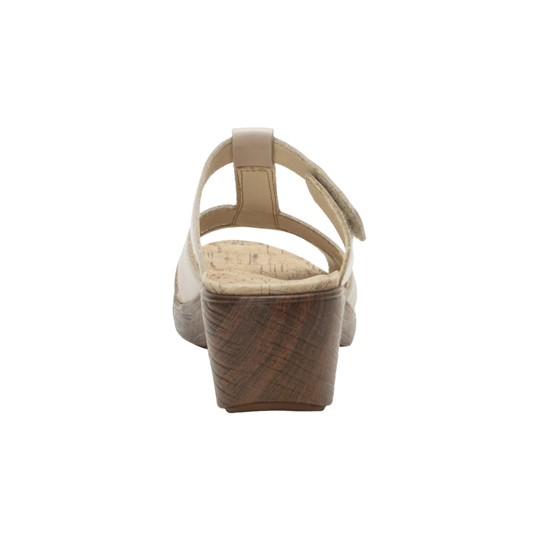 Back View of Women’s Alegria Shantal sandal in oat – featuring a cushioned cork and memory foam footbed, supportive heel strap, and slip-resistant outsole for all-day comfort.