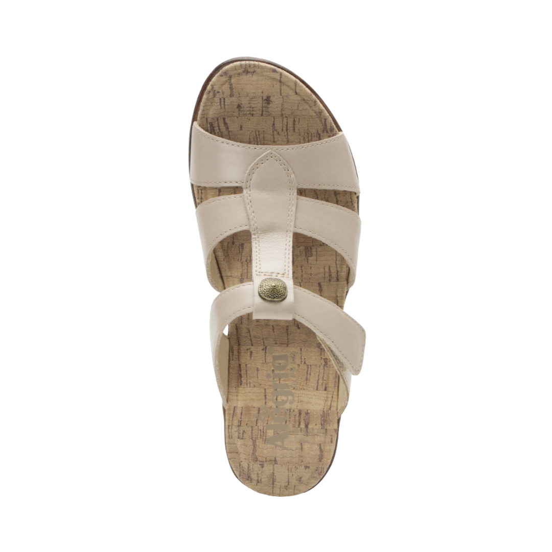 Top View of Women’s Alegria Shantal sandal in oat – featuring a cushioned cork and memory foam footbed, adjustable hook-and-loop straps, and open-toe design for breathable comfort.