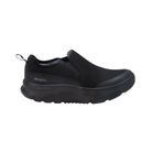 Side View of Women’s Alegria Shift Lead shoe in Black Mesh – featuring a rocker outsole that encourages natural motion and reduces pressure on the joints, a lightweight midsole for improved energy return, and dual side gores for a snug, adaptive fit.