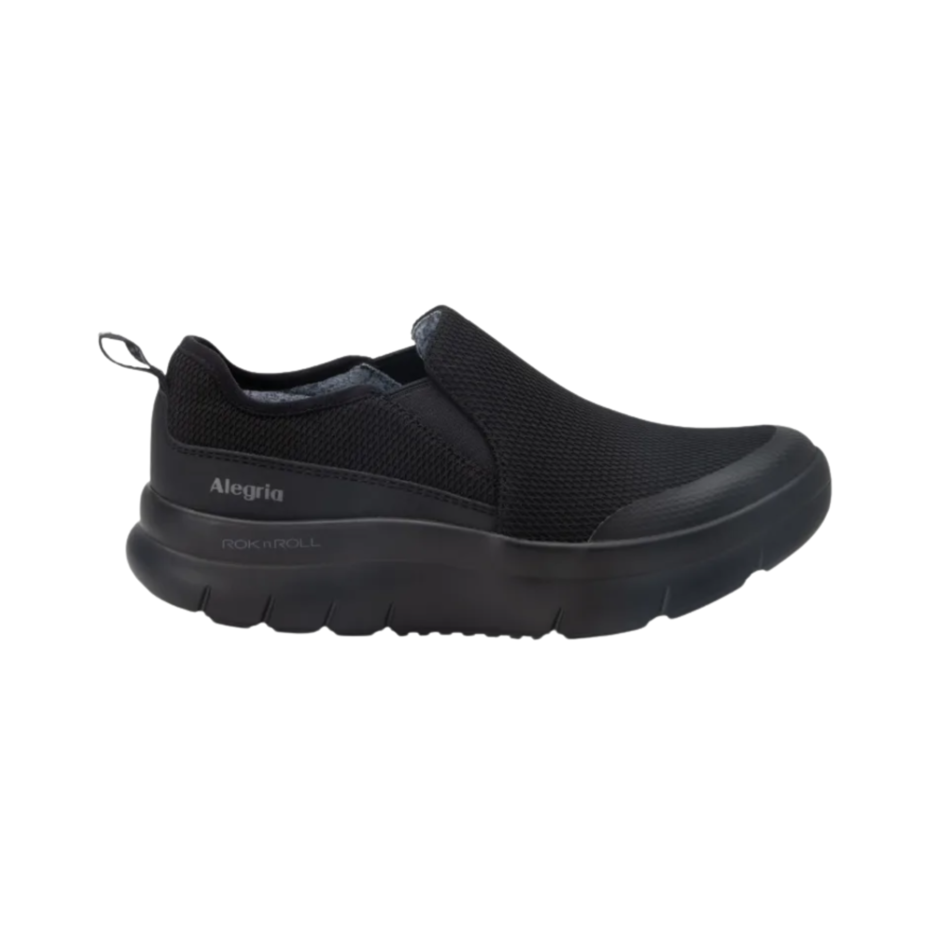 Side View of Women’s Alegria Shift Lead shoe in Black Mesh – featuring a rocker outsole that encourages natural motion and reduces pressure on the joints, a lightweight midsole for improved energy return, and dual side gores for a snug, adaptive fit.