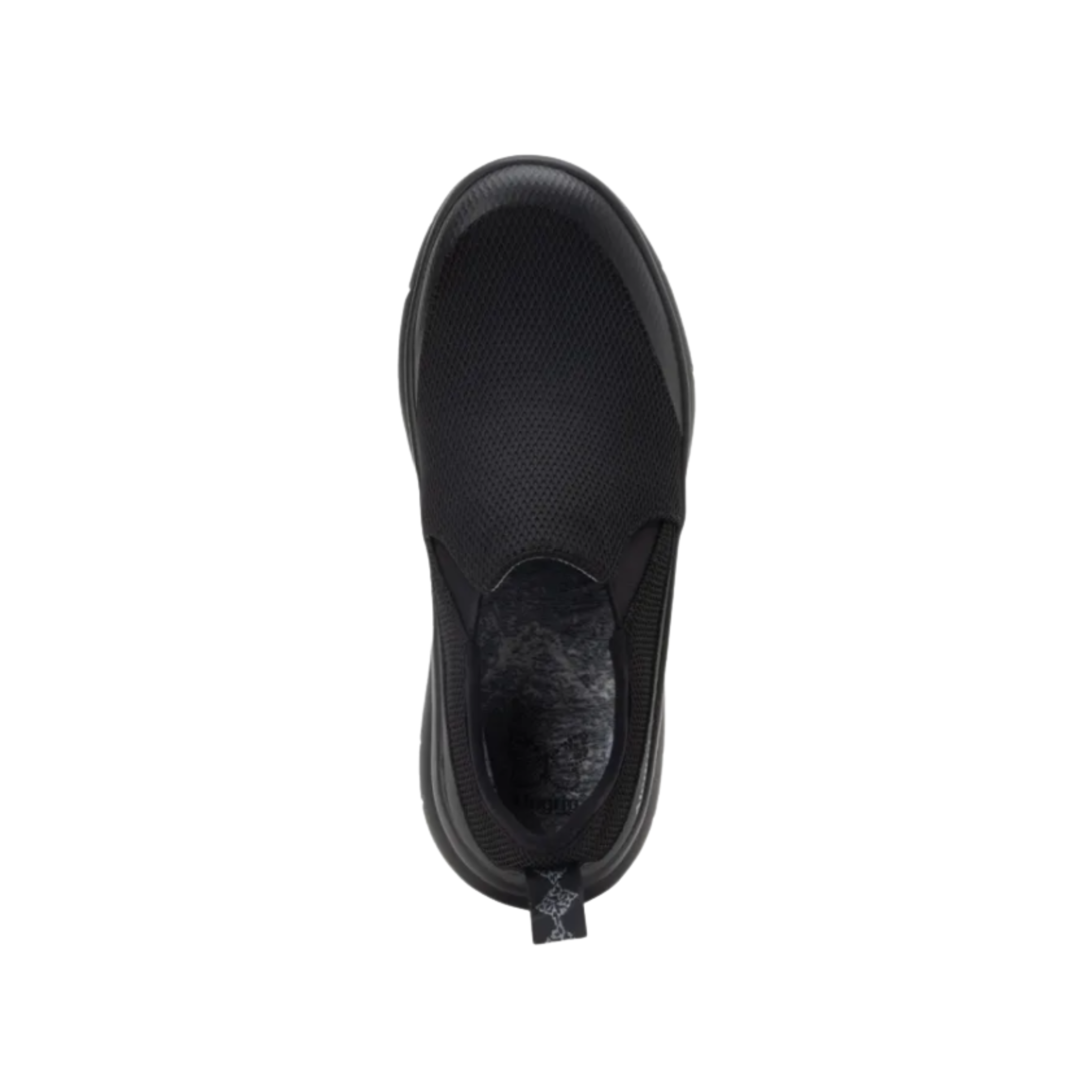 Top View of Women’s Alegria Shift Lead shoe in Black Mesh – featuring a breathable mesh upper that promotes airflow and keeps feet cool, a slip-on design for quick, easy wear, and a cushioned insole that offers comfort and support throughout long shifts.