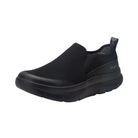 Side View of Women’s Alegria Shift Lead shoe in Black Mesh – featuring a rocker outsole that encourages natural motion and reduces pressure on the joints, a lightweight midsole for improved energy return, and dual side gores for a snug, adaptive fit.