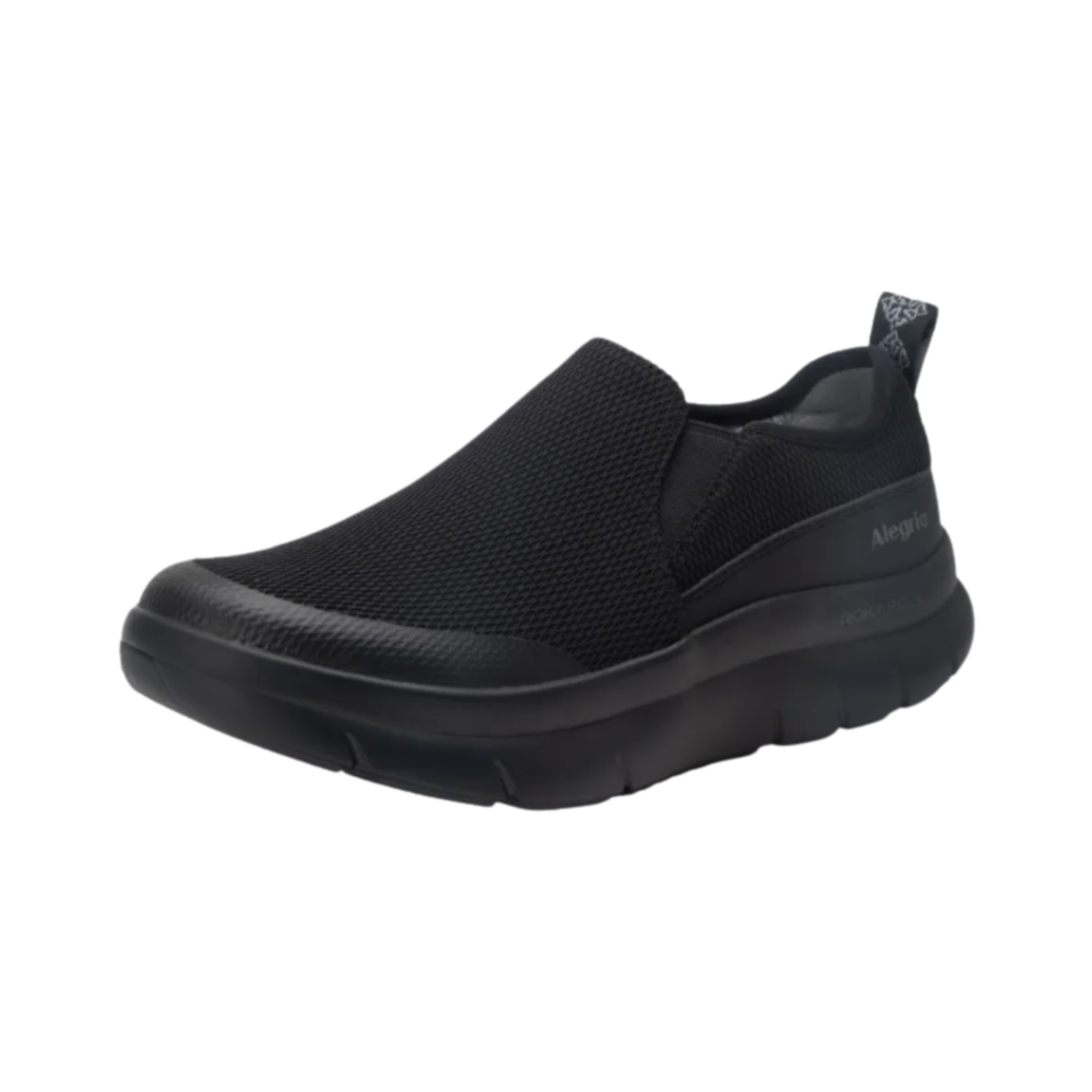 Side View of Women’s Alegria Shift Lead shoe in Black Mesh – featuring a rocker outsole that encourages natural motion and reduces pressure on the joints, a lightweight midsole for improved energy return, and dual side gores for a snug, adaptive fit.