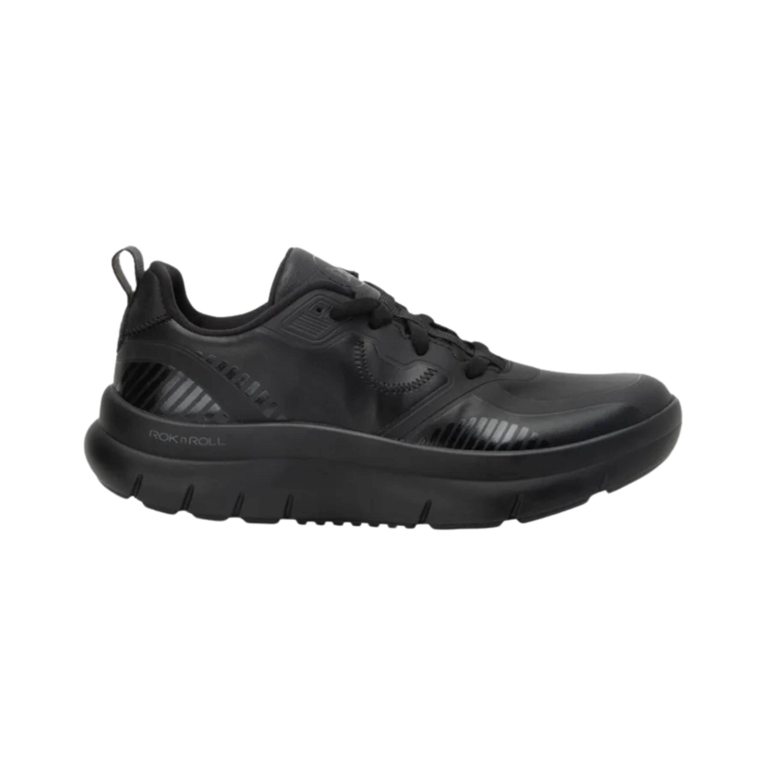 Side View of Women’s Alegria Solstyce sneaker in Black Out – featuring a lightweight rocker outsole that promotes a smoother stride and eases joint strain, supportive arch design that improves posture, and sleek slip-on silhouette with side gores for easy wear.