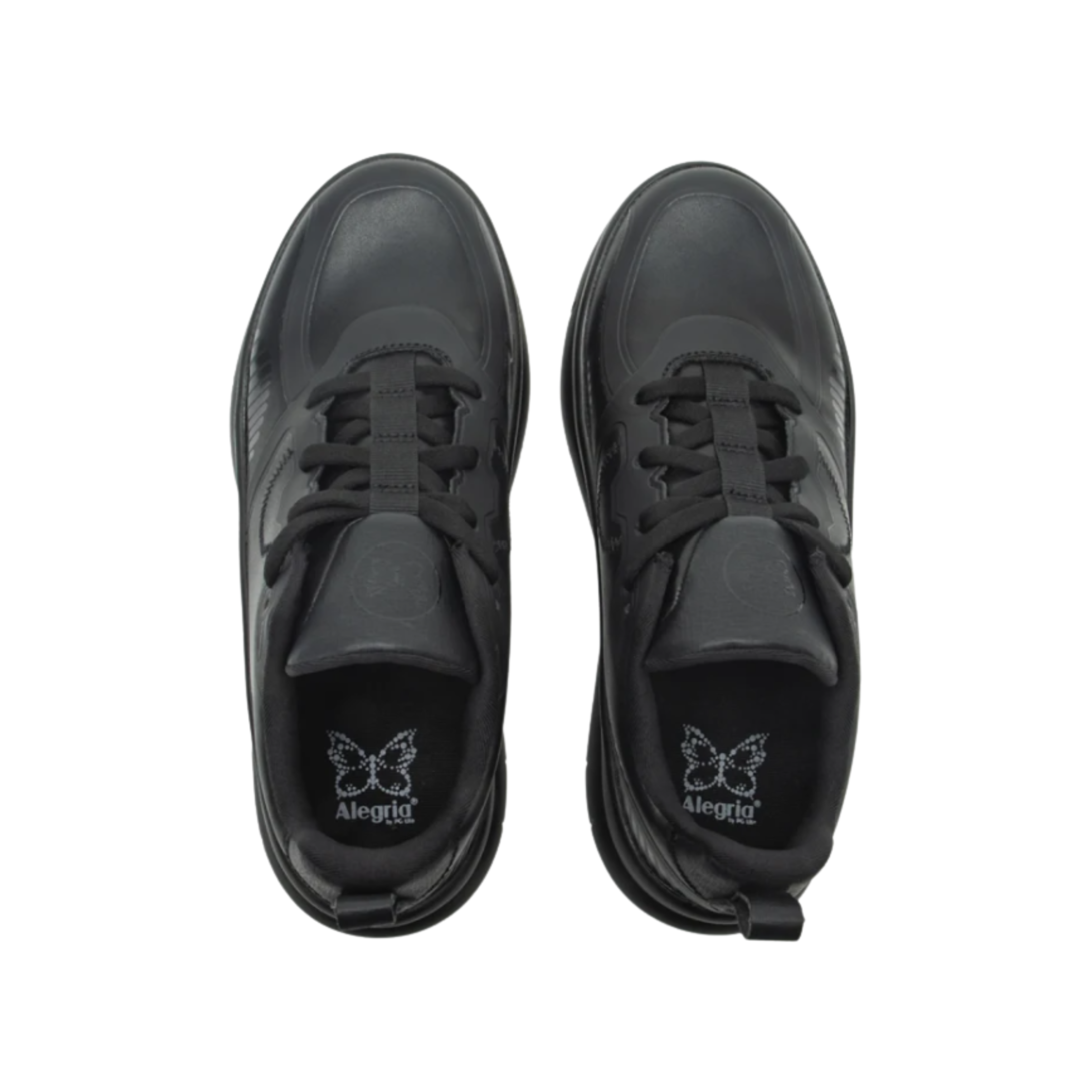 Top View of Women’s Alegria Solstyce sneaker in Black Out – featuring a breathable mesh upper that enhances airflow and keeps feet dry, a wide toe box that reduces pressure and supports natural movement, and a cushioned footbed for comfort during extended wear.