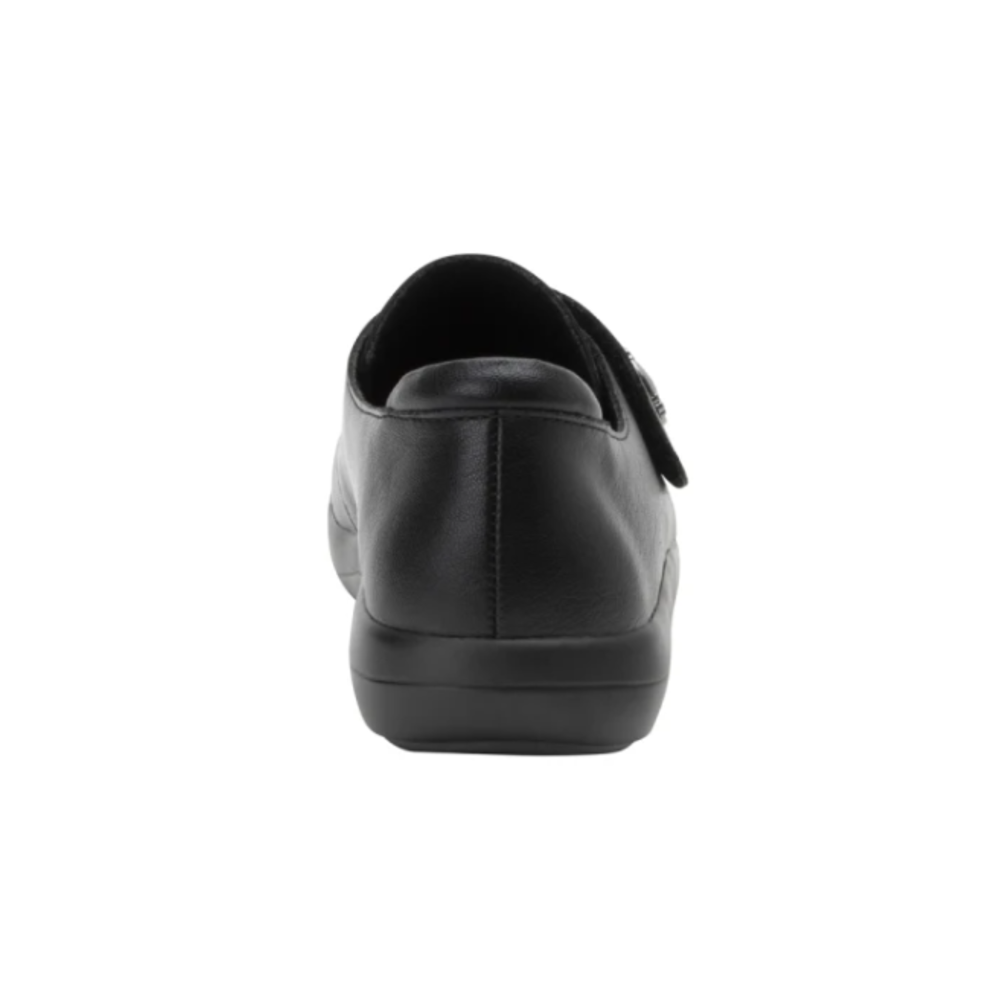 Back View of Women’s Alegria Spright sneaker in Black Smooth – featuring padded heel cushioning for shock absorption, a secure heel structure that prevents slippage, and a soft lining that reduces friction and prevents blisters.
