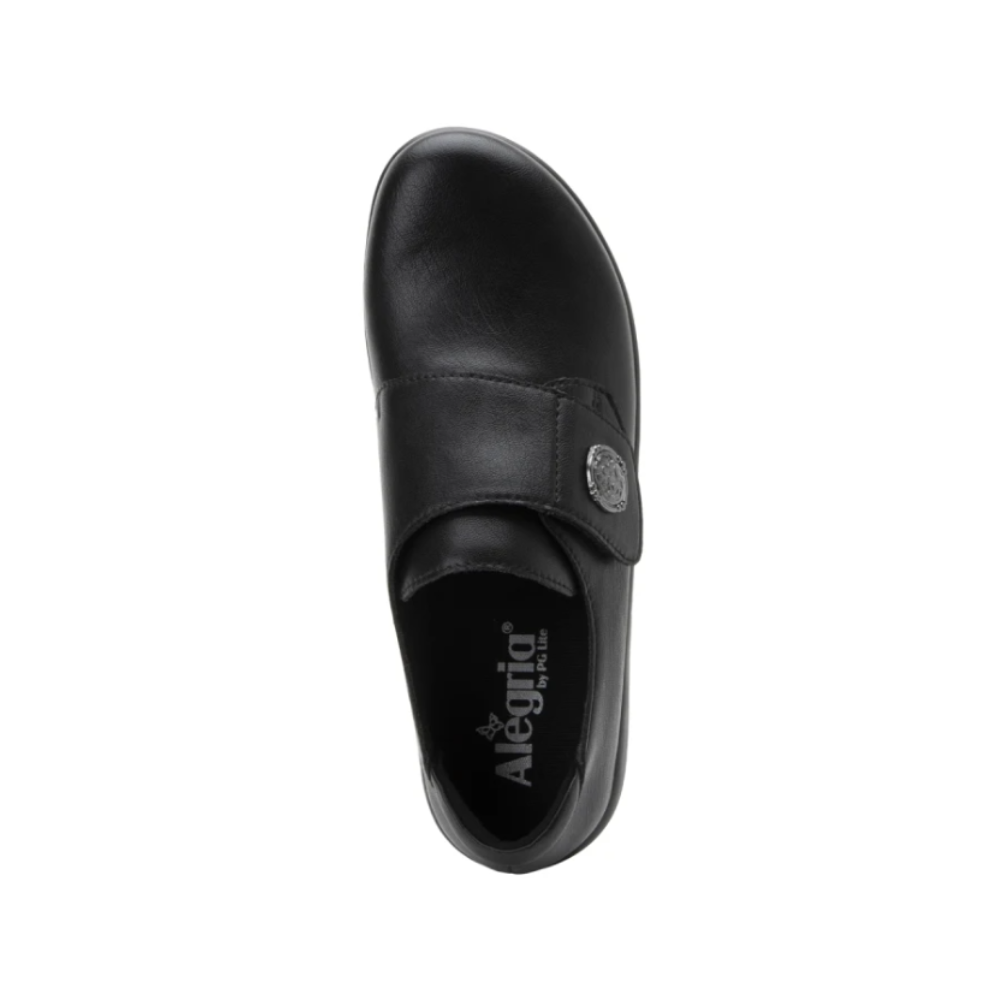 Top View of Women’s Alegria Spright sneaker in Black Smooth – featuring a wide toe box that promotes better circulation and comfort, a breathable insole that reduces moisture and odor, and a low-profile design that makes it easy to wear all day.