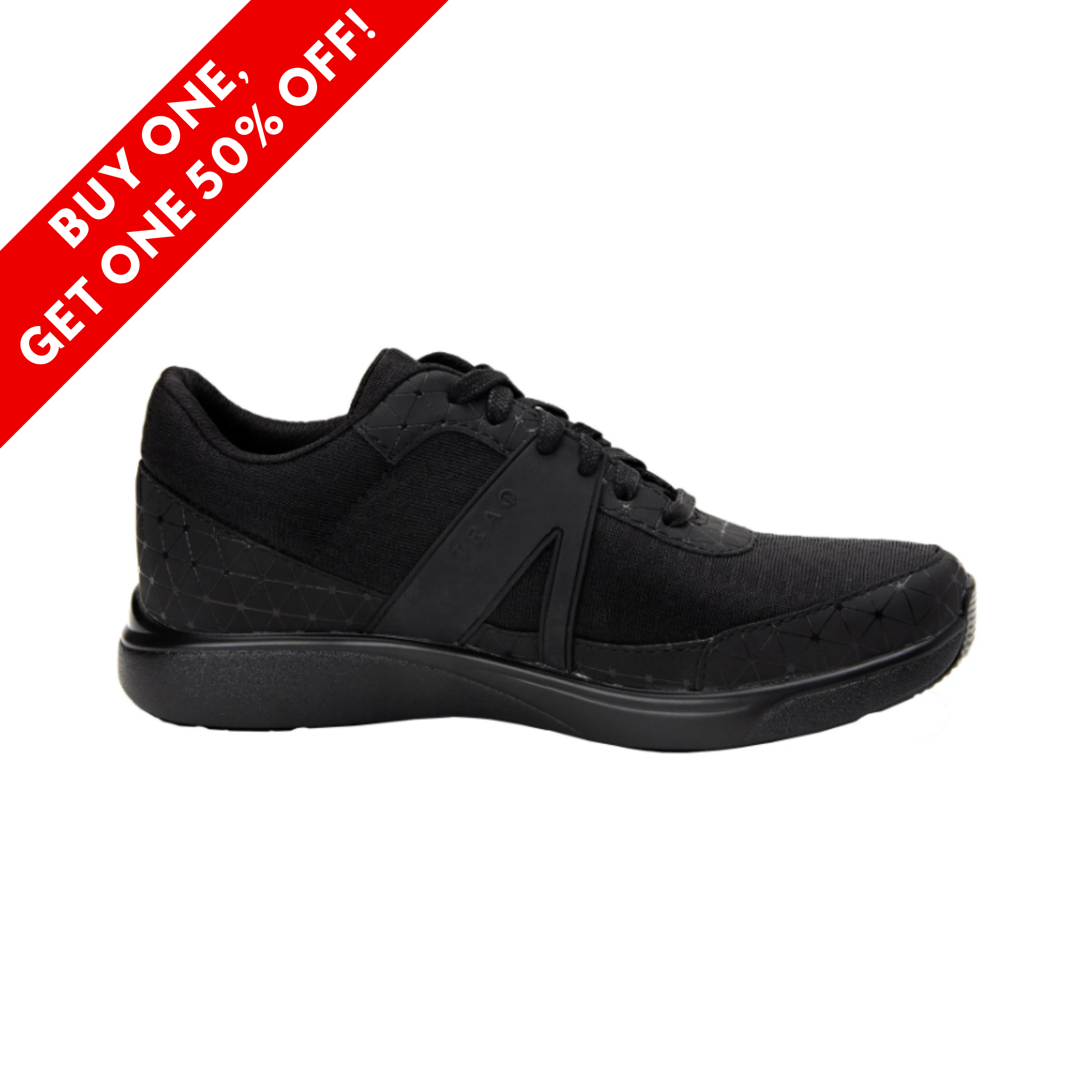 Side View of Women’s Alegria TRAQ Qarma smart sneaker in Black Swell – featuring Q-chip technology for integrated step tracking with no charging required, a breathable mesh upper for all-day airflow, and a cushioned midsole designed to reduce fatigue during extended wear. The sneaker also includes supportive overlays and a secure lace-up system to provide structure and customizable comfort.