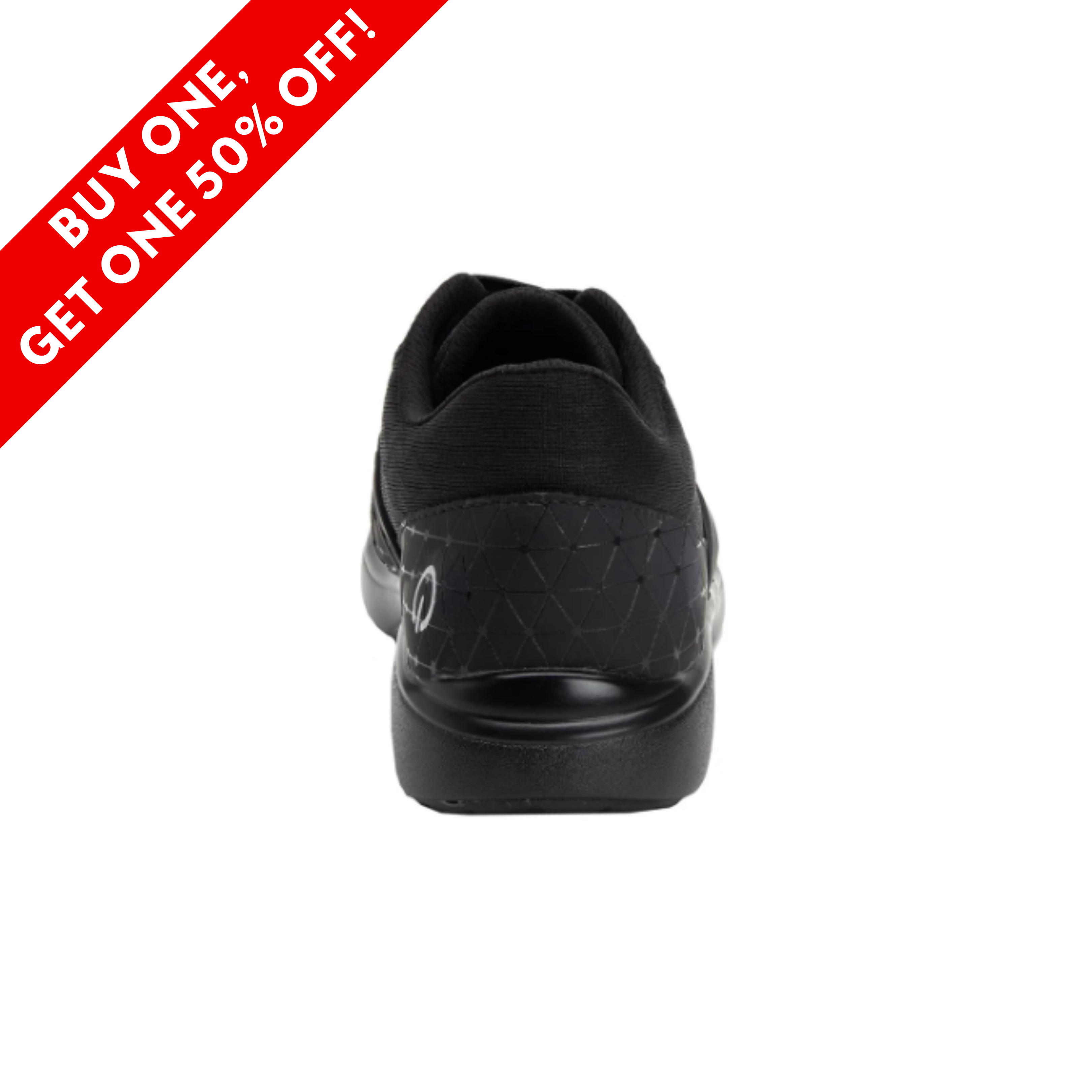 Back View of Women’s Alegria TRAQ Qarma smart sneaker in Black Swell – featuring a padded heel collar for ankle comfort, a reinforced heel counter for added stability and alignment, and a supportive structure designed to reduce strain during long periods of walking or standing. The subtle curve of the outsole provides ergonomic support and promotes a smoother stride.