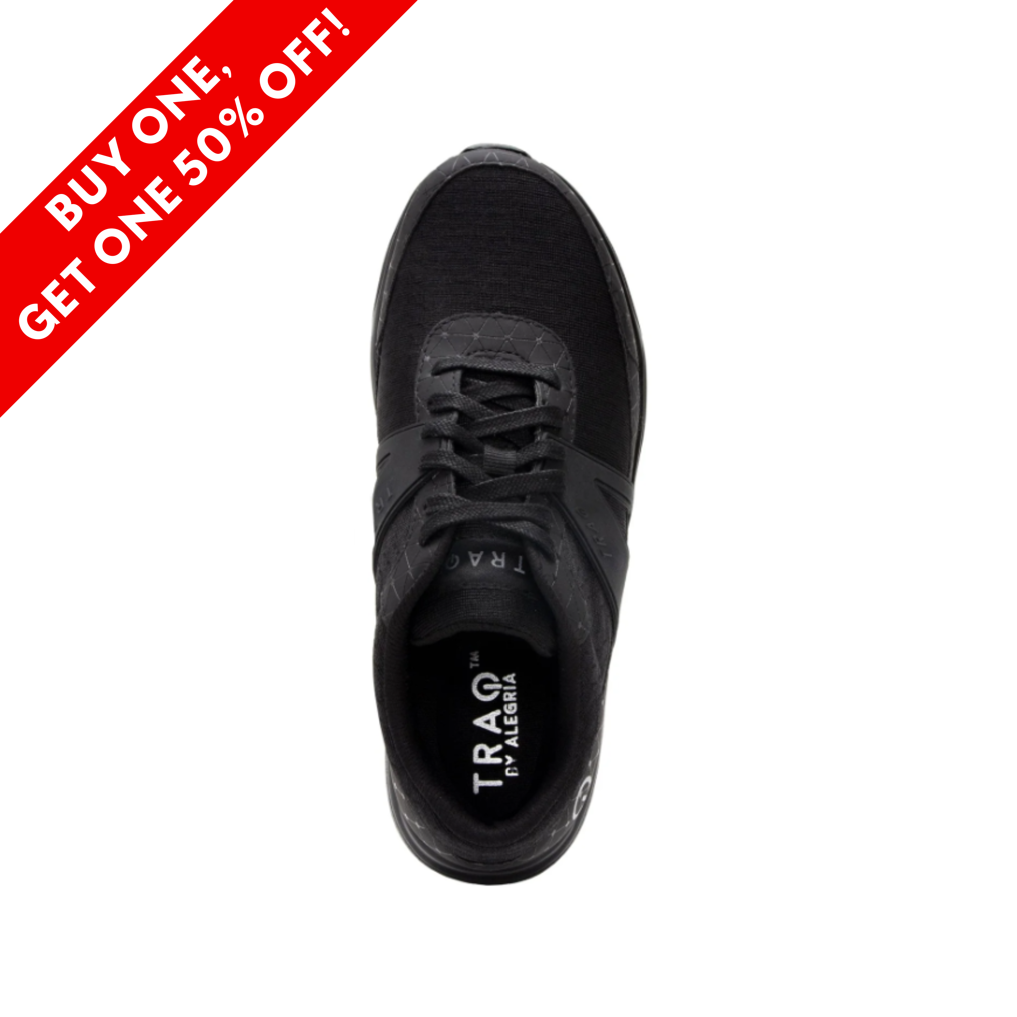 Front View of Women’s Alegria TRAQ Qarma smart sneaker in Black Swell – featuring a rounded toe for natural foot movement, a breathable mesh forefoot to keep feet cool and dry, and a lace-up closure that allows for a secure, adjustable fit. The sleek all-black design offers a versatile, athletic look ideal for both active days and casual wear.