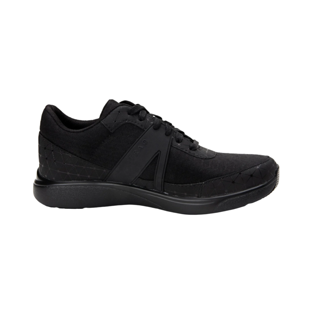 Side View of Women’s Alegria TRAQ Qarma smart sneaker in Black Swell – featuring Q-chip technology for integrated step tracking with no charging required, a breathable mesh upper for all-day airflow, and a cushioned midsole designed to reduce fatigue during extended wear. The sneaker also includes supportive overlays and a secure lace-up system to provide structure and customizable comfort.