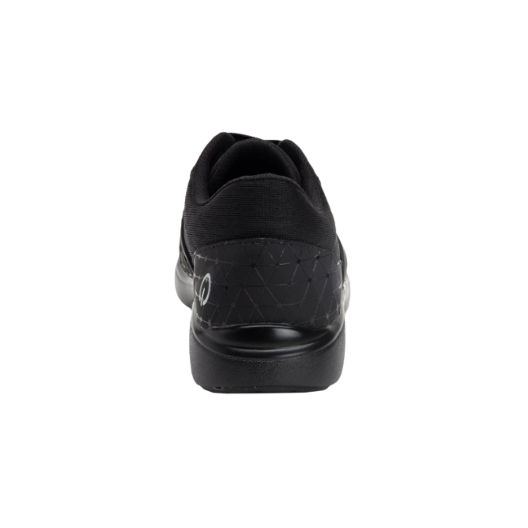 Back View of Women’s Alegria TRAQ Qarma smart sneaker in Black Swell – featuring a padded heel collar for ankle comfort, a reinforced heel counter for added stability and alignment, and a supportive structure designed to reduce strain during long periods of walking or standing. The subtle curve of the outsole provides ergonomic support and promotes a smoother stride.