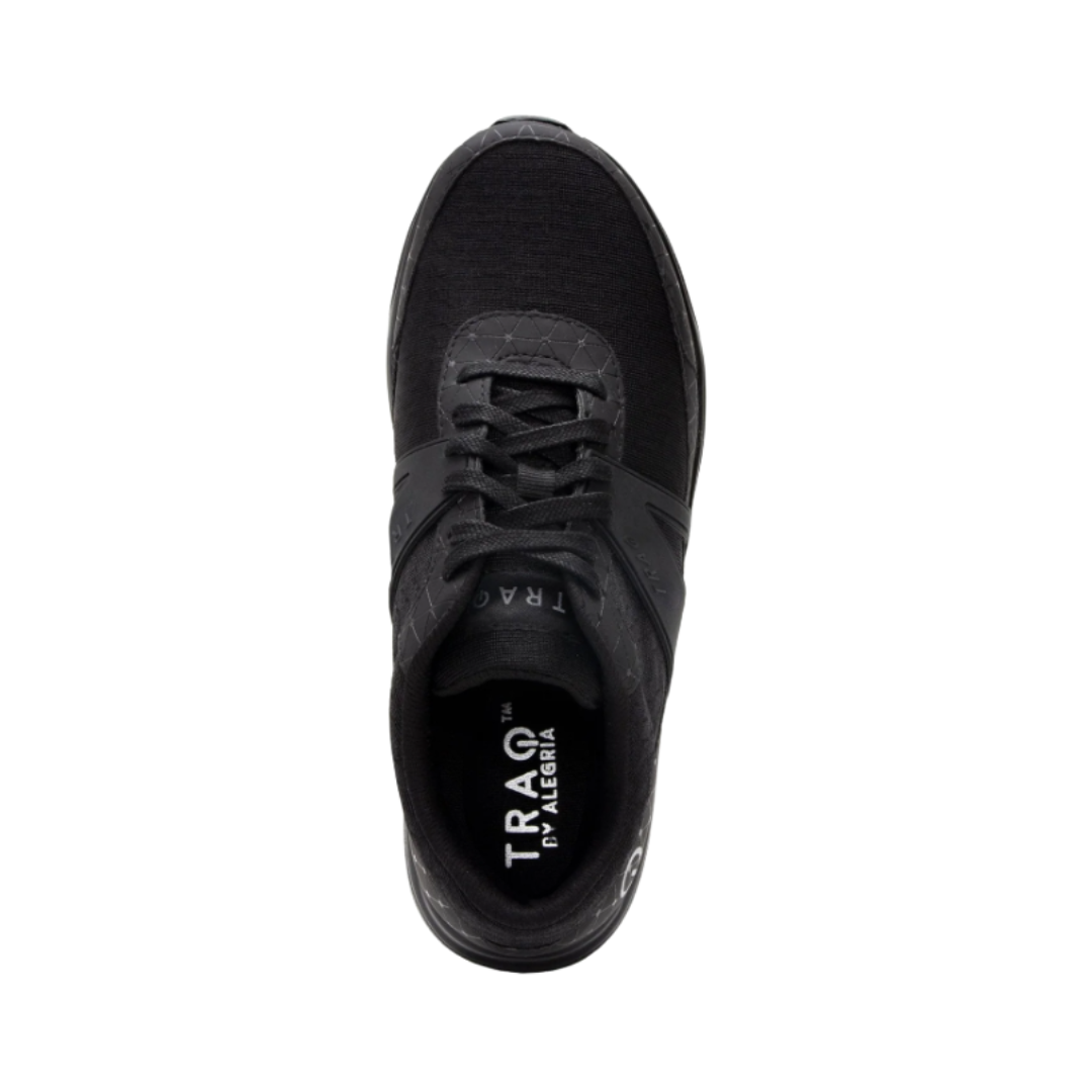 Top View of Women’s Alegria TRAQ Qarma smart sneaker in Black Swell – featuring a rounded toe for natural foot movement, a breathable mesh forefoot to keep feet cool and dry, and a lace-up closure that allows for a secure, adjustable fit. The sleek all-black design offers a versatile, athletic look ideal for both active days and casual wear.