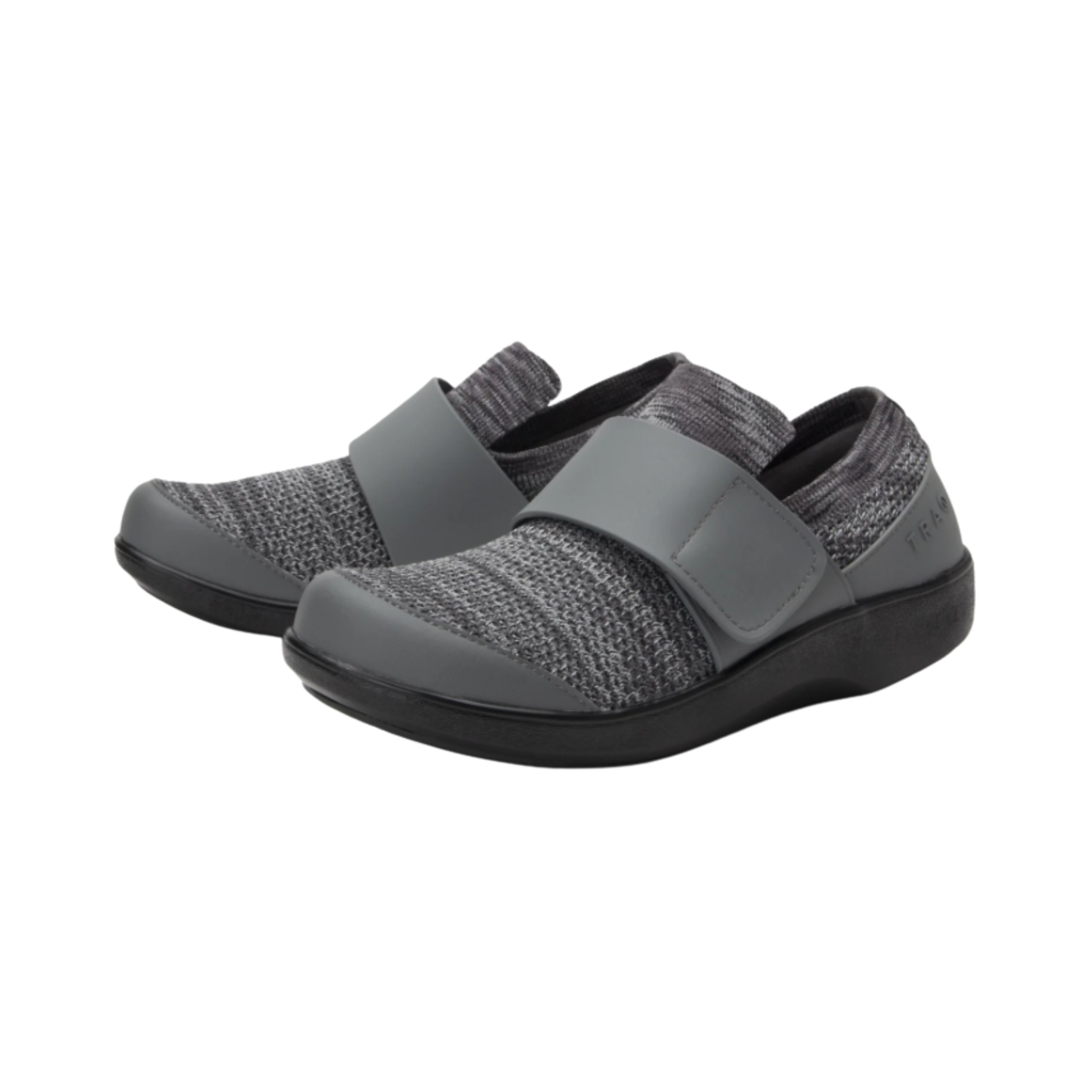 Side View of Women’s Alegria TRAQ Qwik smart sneaker in Charcoal – featuring a lightweight and flexible outsole to reduce fatigue, a secure hook-and-loop strap for easy adjustability, and smart Q-chip technology that tracks your steps in real time with no charging required.