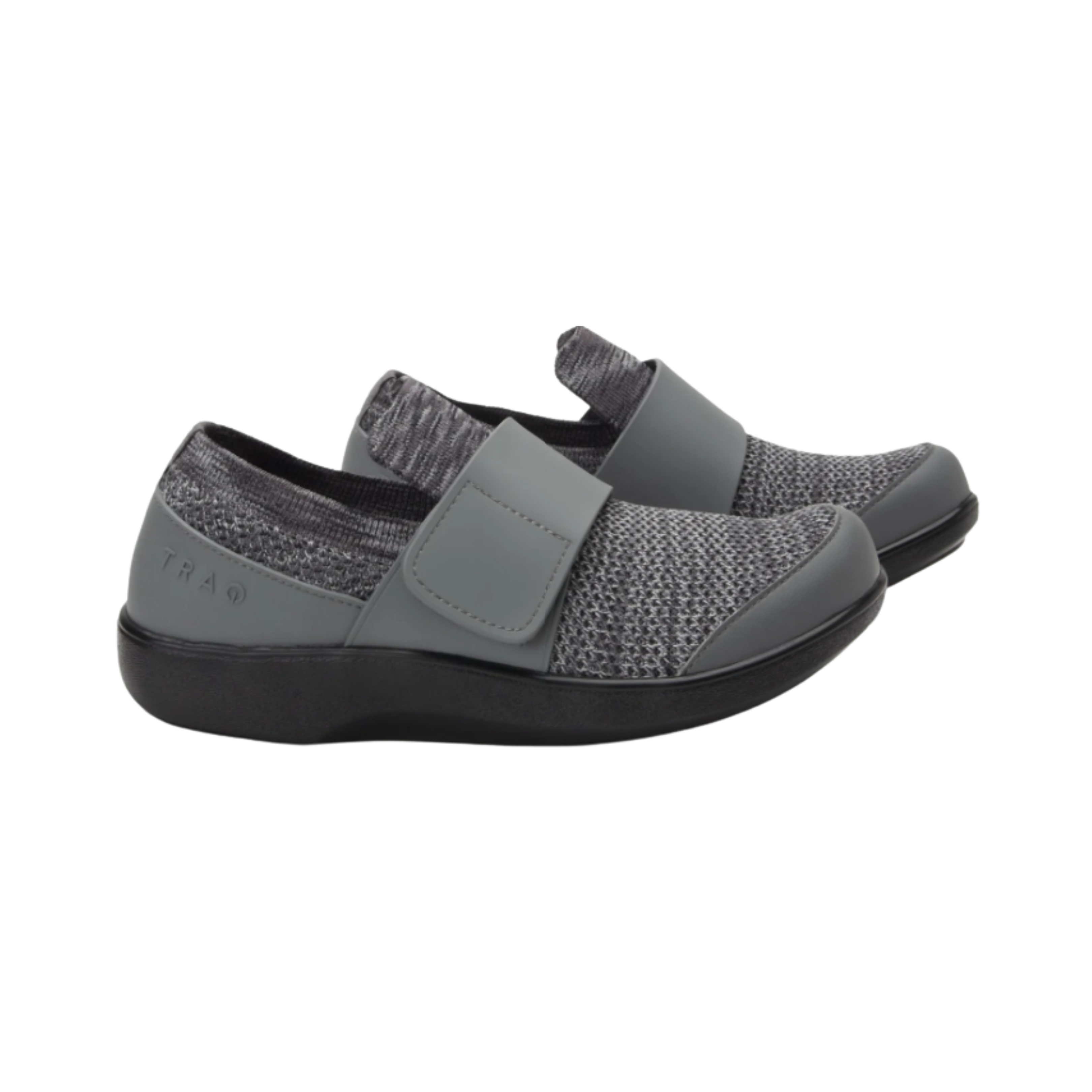 Side View of Women’s Alegria TRAQ Qwik smart sneaker in Charcoal – featuring a lightweight and flexible outsole to reduce fatigue, a secure hook-and-loop strap for easy adjustability, and smart Q-chip technology that tracks your steps in real time with no charging required.