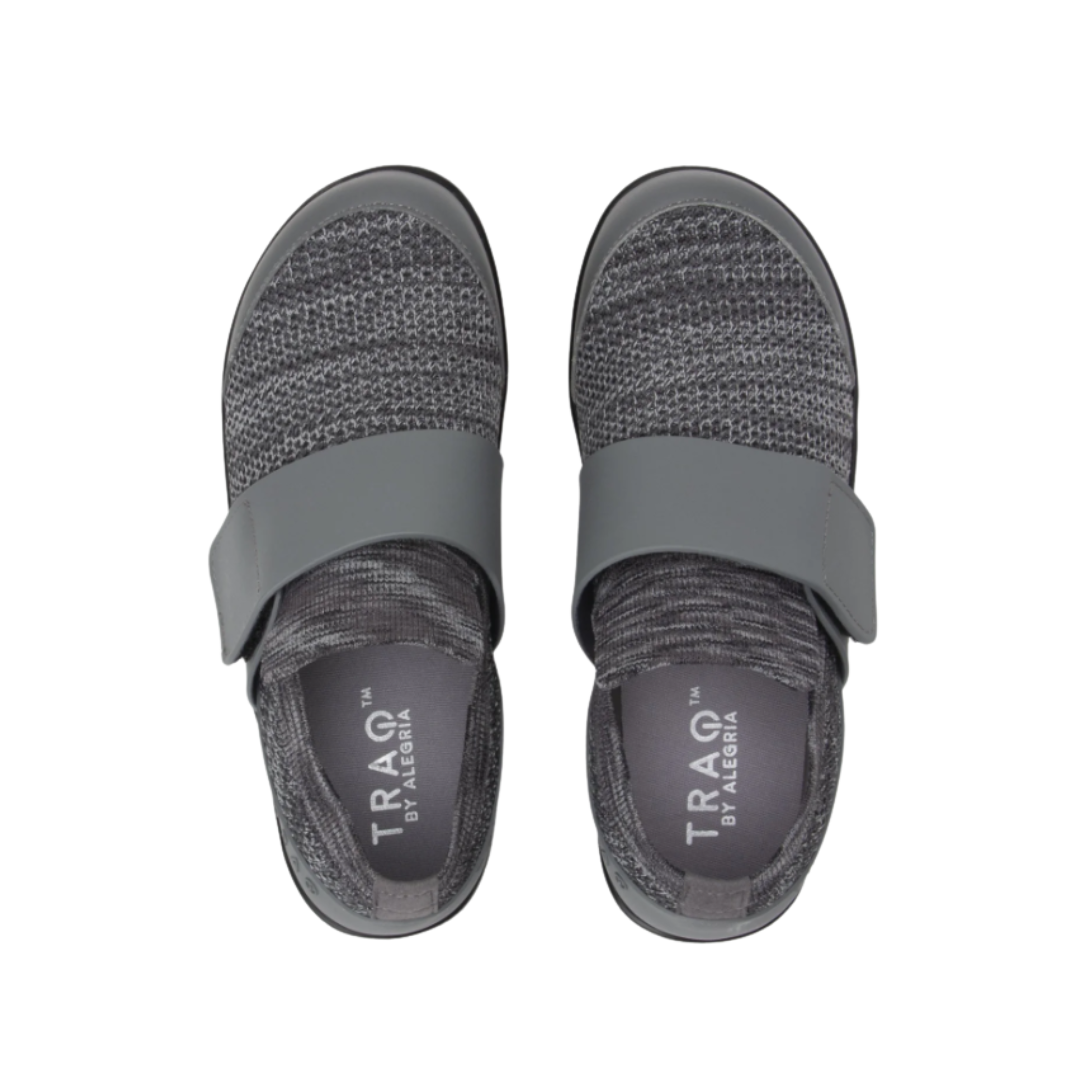 Top View of Women’s Alegria TRAQ Qwik smart sneaker in Charcoal – featuring a breathable knit upper that keeps feet cool, a wide forefoot for natural toe splay, and a cushioned insole for responsive all-day comfort.
