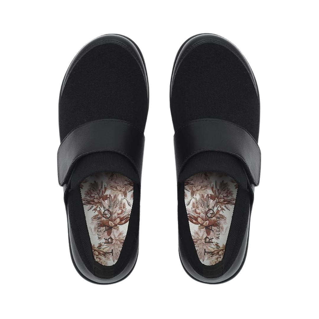 Top View of Women’s Alegria TRAQ Qwik Cozy sneaker in black – featuring a cushioned removable footbed, soft knit upper, and slip-on design for easy wear.